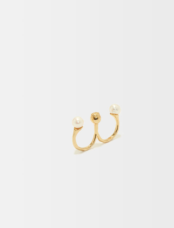 Hammered metal double ring with pearls - Rings - MAJE