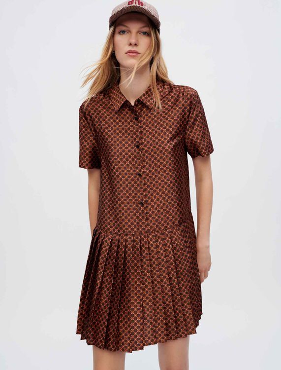 Shirt dress in printed, pleated satin - Short dresses - MAJE