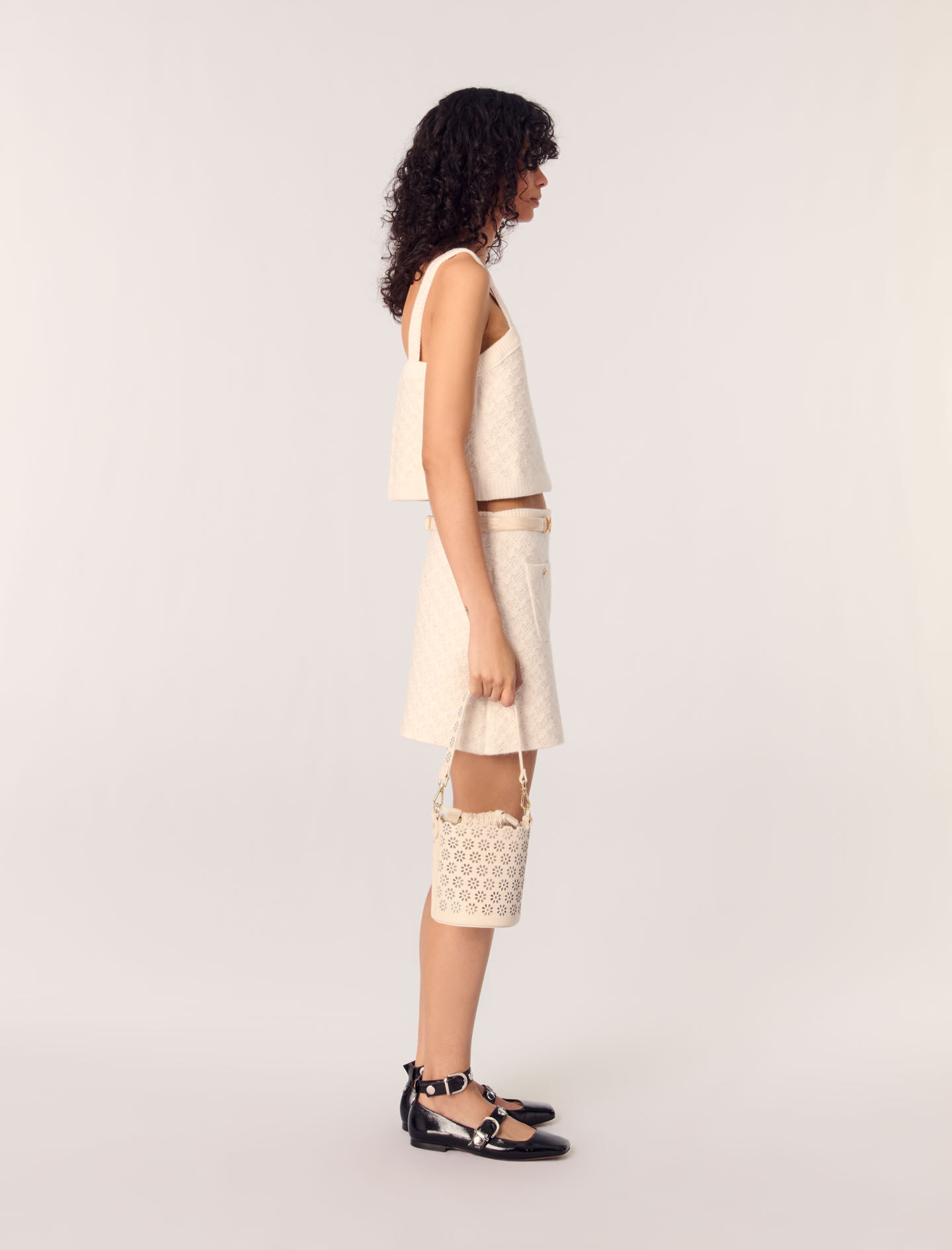 marie claire★Slim fit V-neck knitted skirt MC16 Tweed-effect knitted skirt White for Women | Maje