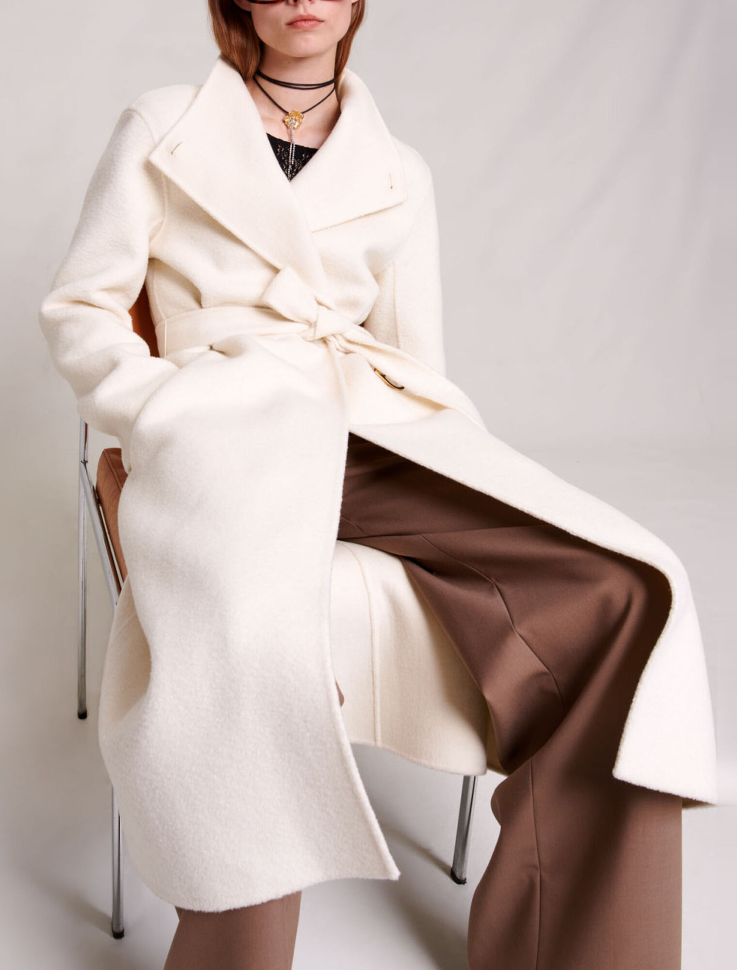 Mid-length coat with tie fastening