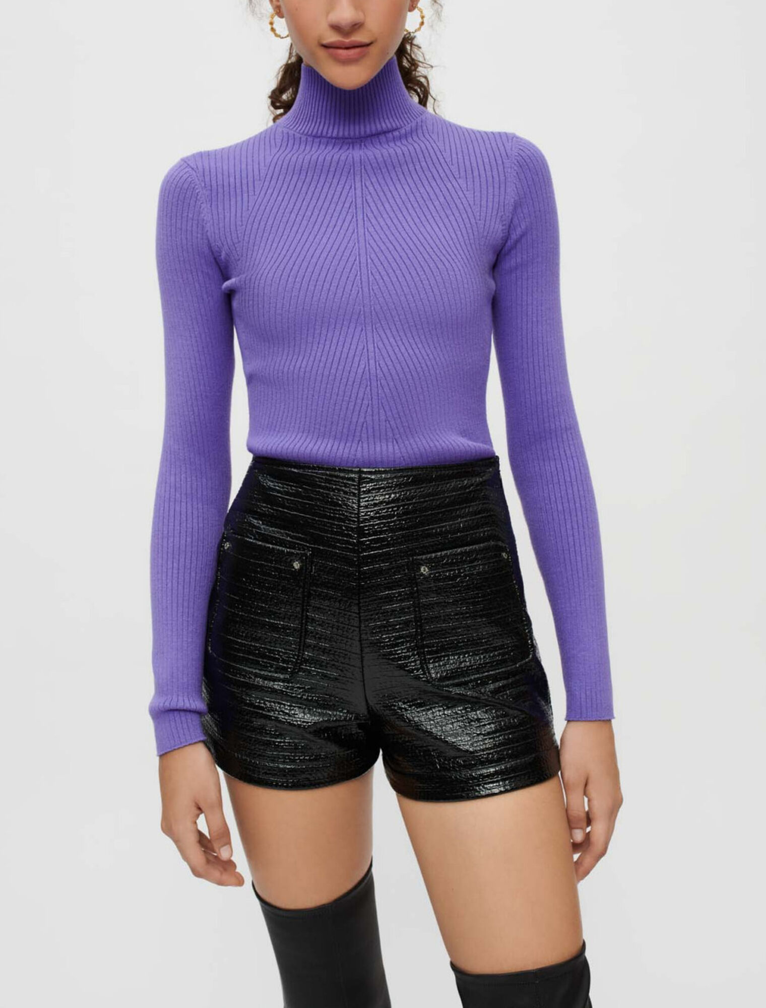 Embossed tweed and black vinyl shorts