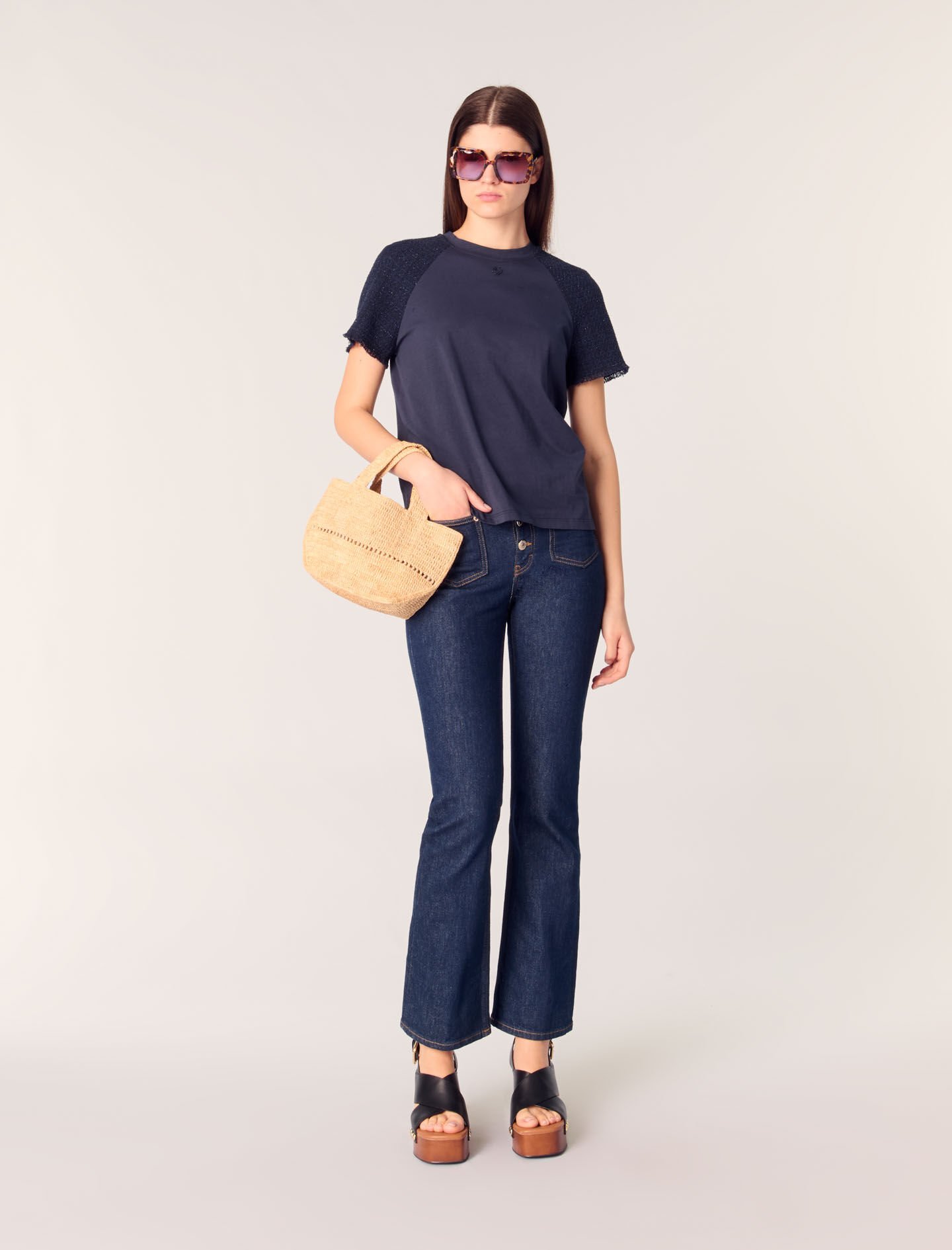 MAJE 売れ筋商品|||マージュ Tシャツ トップス レディース Tops Blue Tweed-sleeved T-shirt Blue for Women | Maje