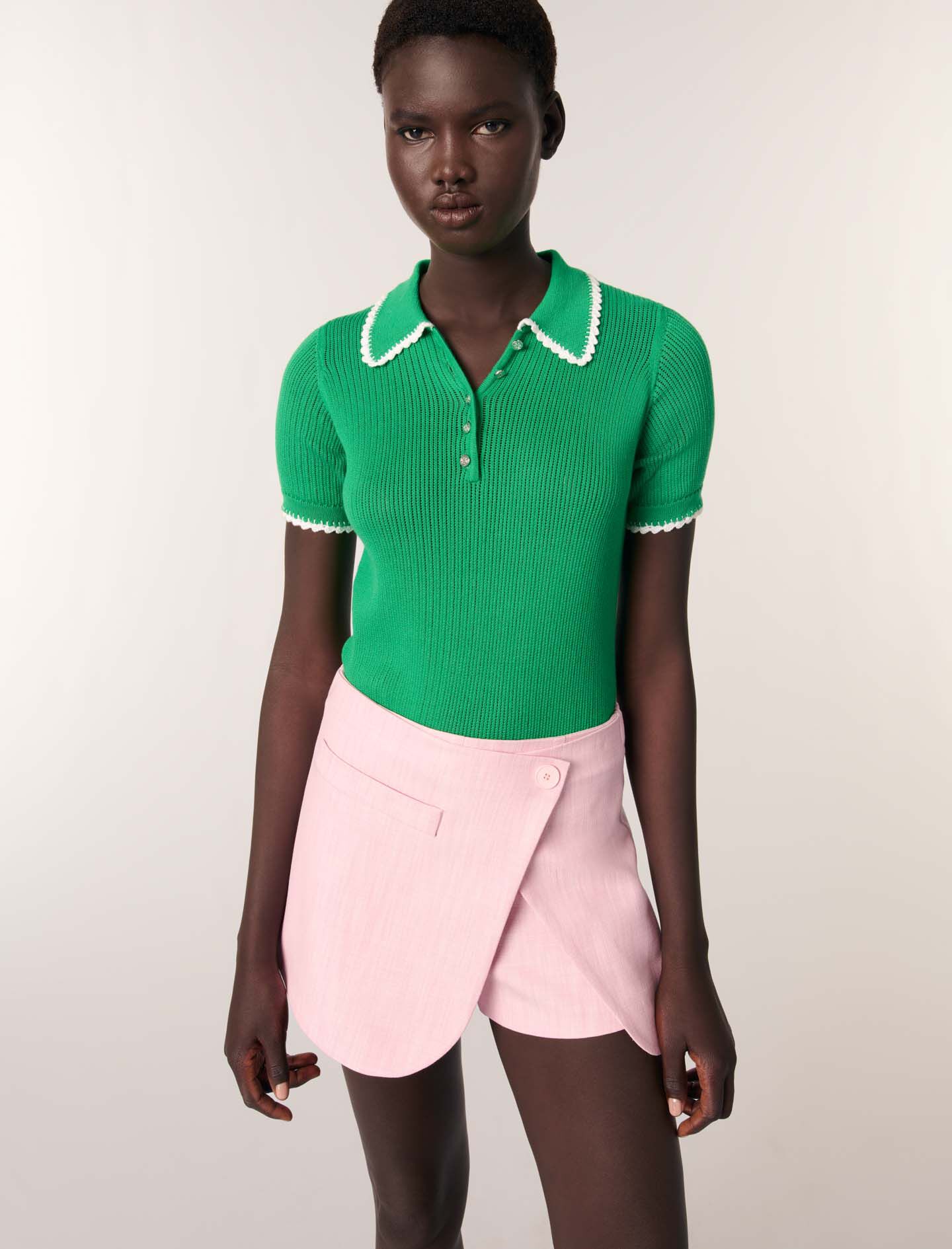 Pointelle knit crochet polo shirt Bicolor for Women | Maje