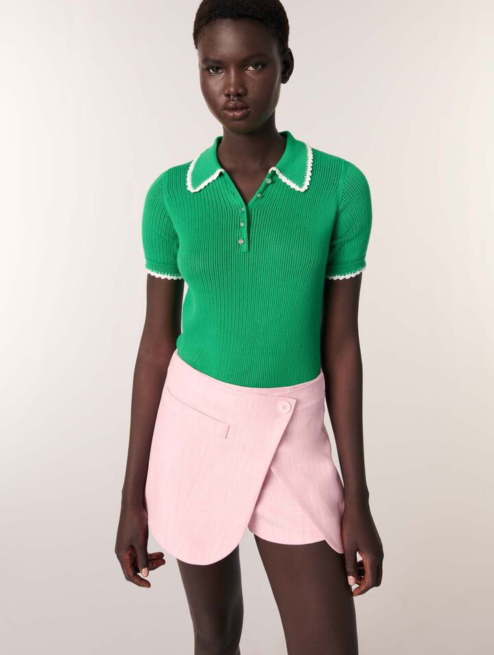 Pointelle knit crochet polo shirt