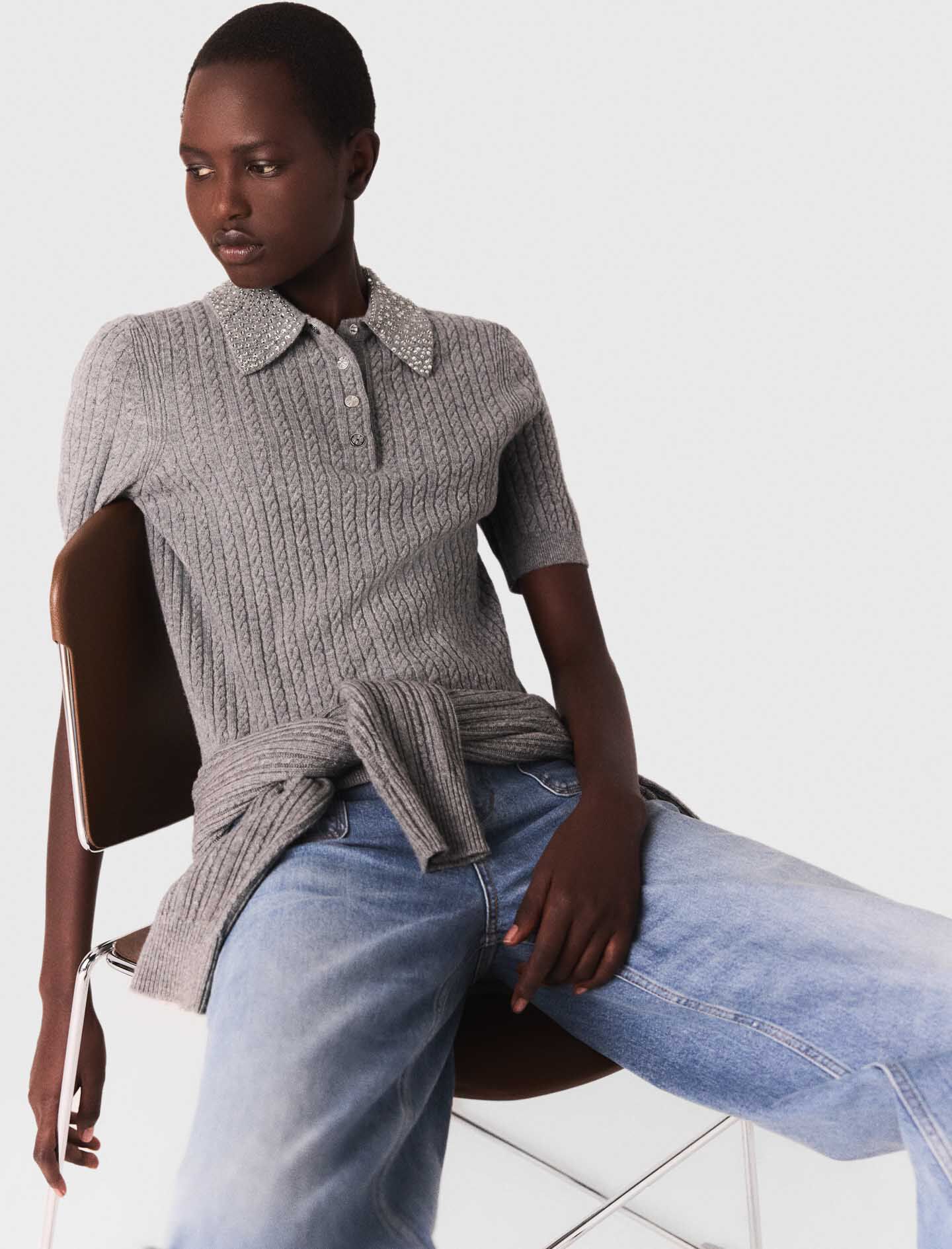 Wool polo shirt with rhinestone collar Black / Gray for