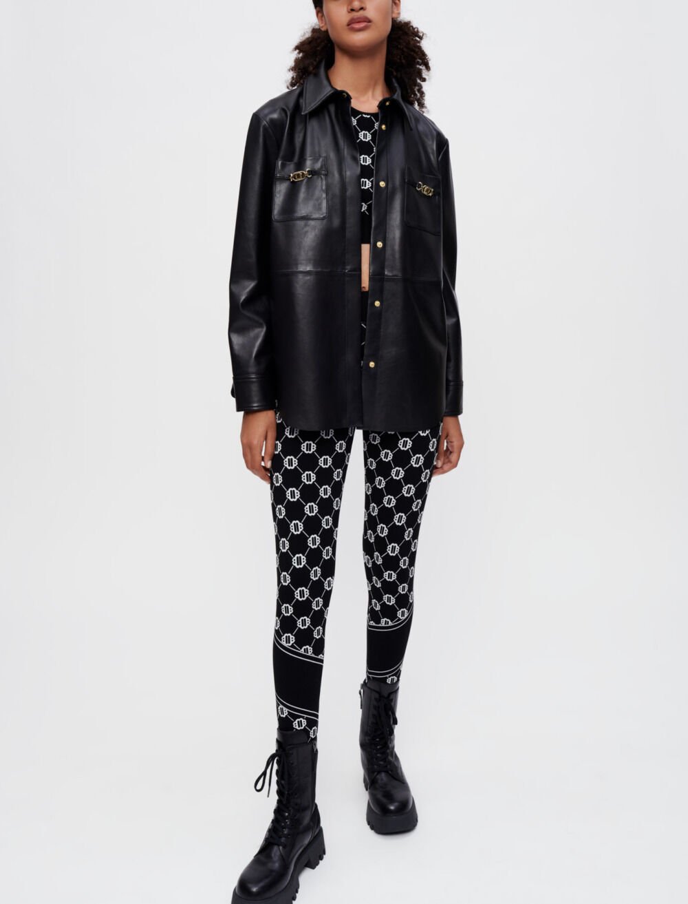 Black leather shirt with gold horsebits Black / Gray for Women | Maje