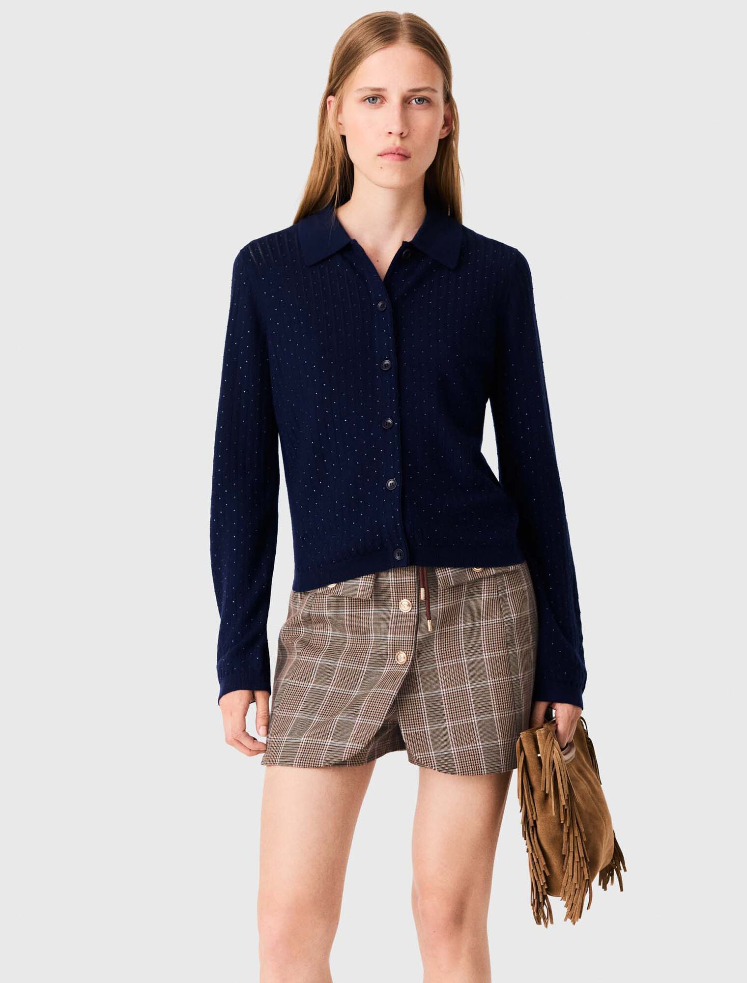 Rhinestone polo collar cardigan