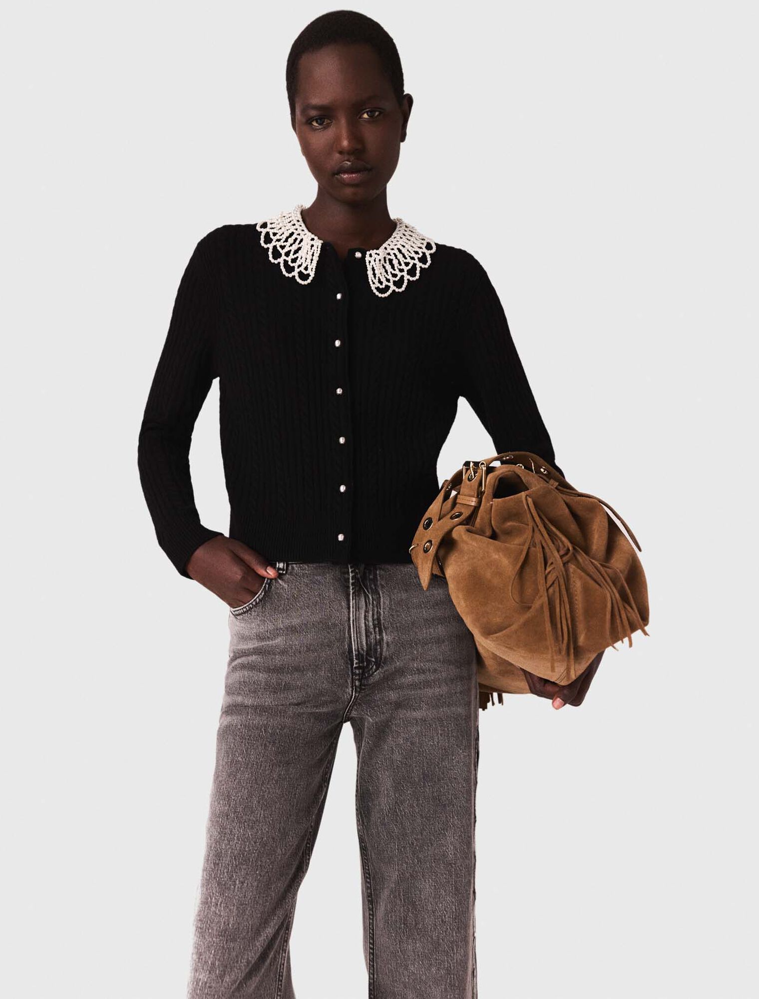 Cardigan with removable beaded collar