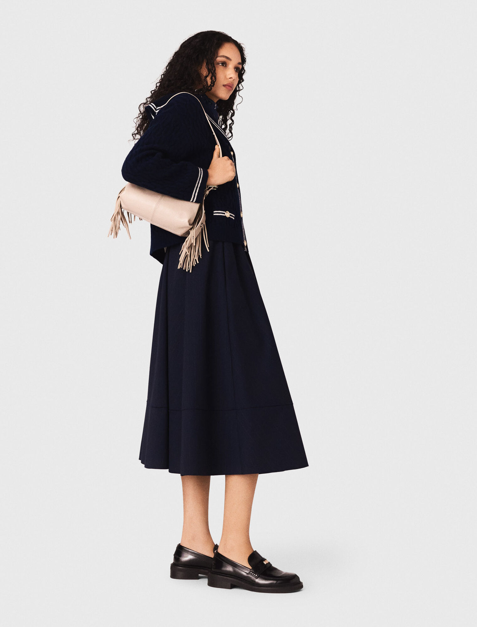 Striped tailored midi skirt