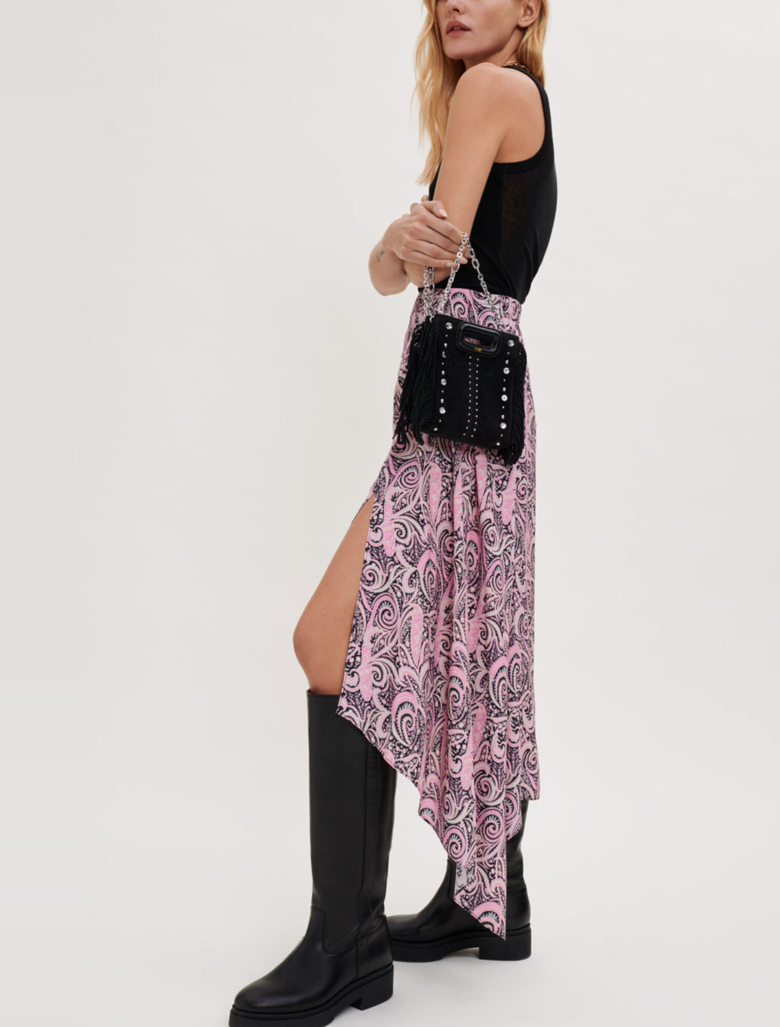 Printed viscose asymmetric skirt