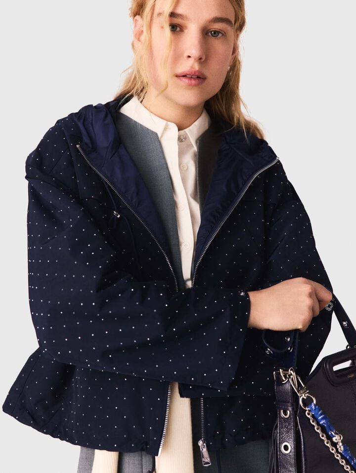 Hooded windbreaker with rhinestones