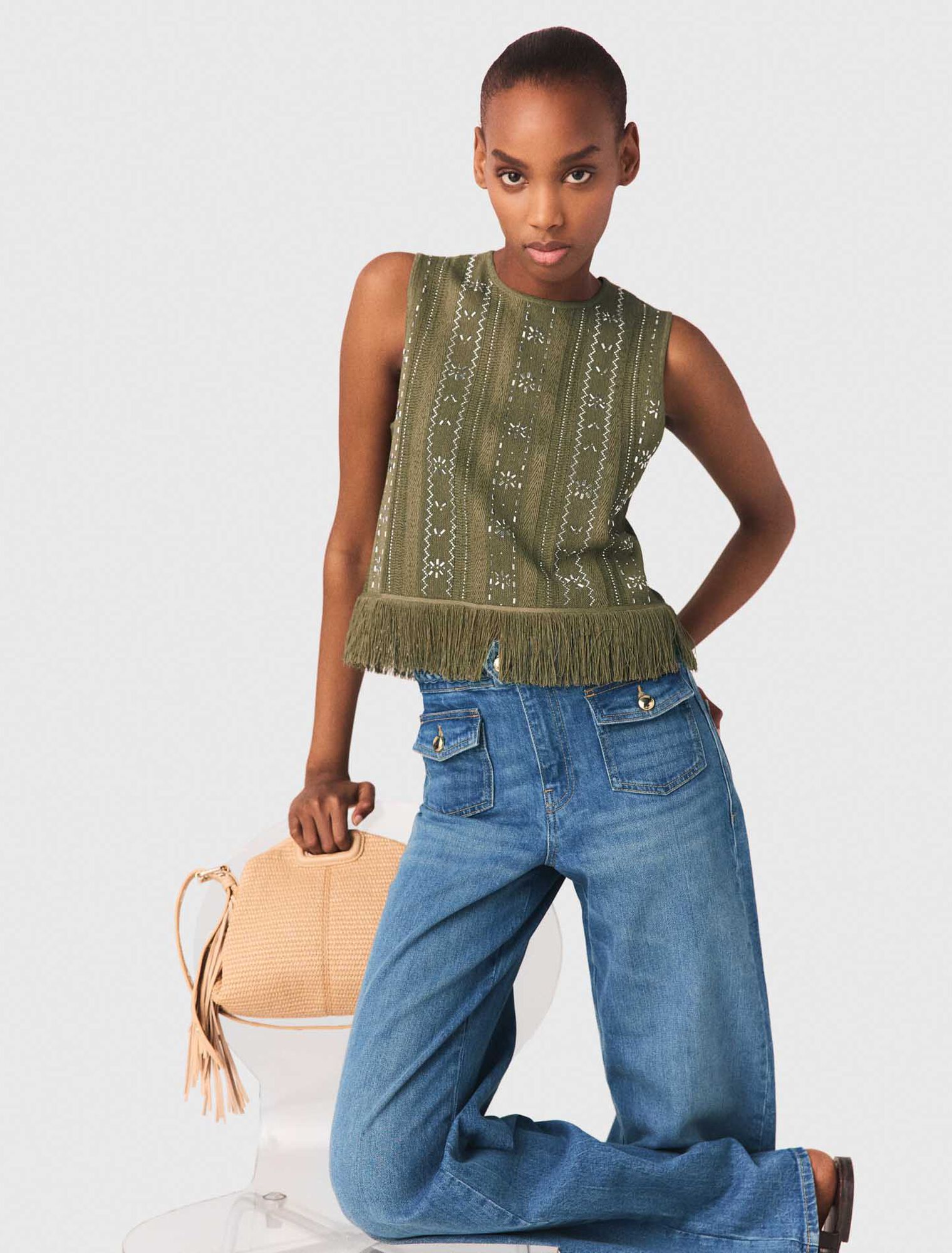 Fringed rhinestone flower top