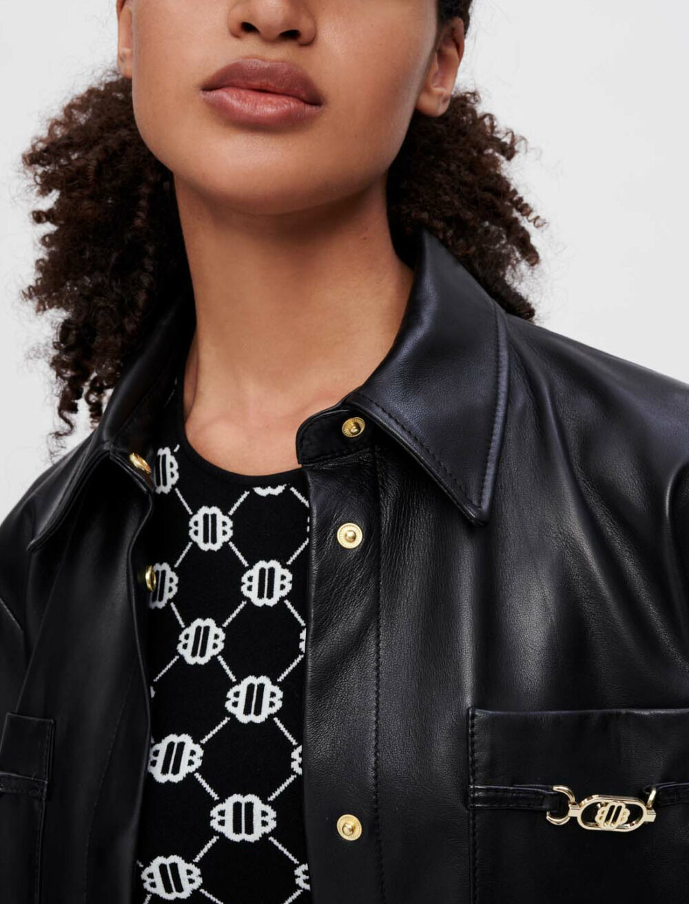 最高級！美品！m0851 レザーシャツジャケット ブラック 牛革 スナップボタン Black leather shirt with gold horsebits Black / Gray for