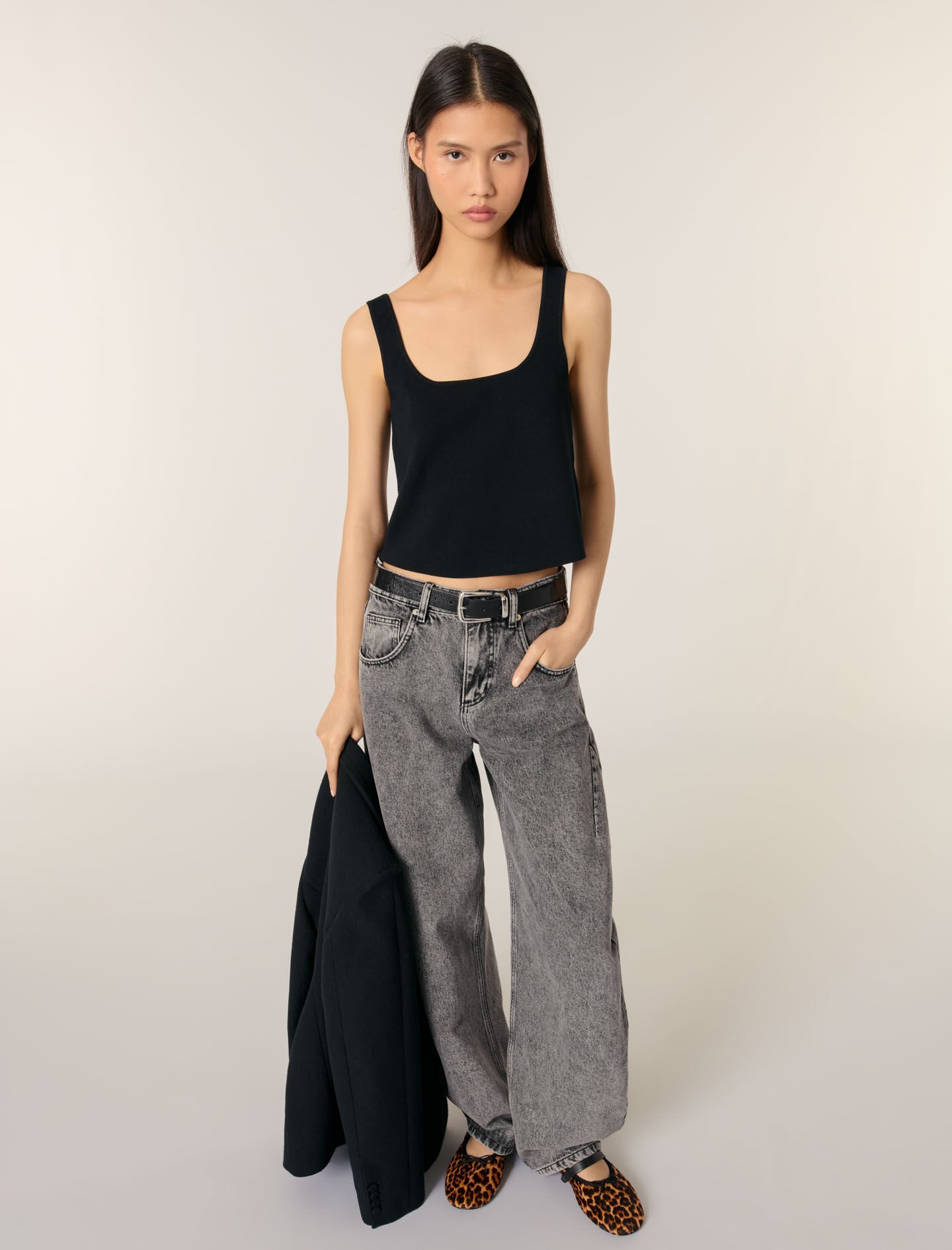 Nala cropped knit top Sサイズ Knitted crop top with straps Black / Gray For Women | Maje