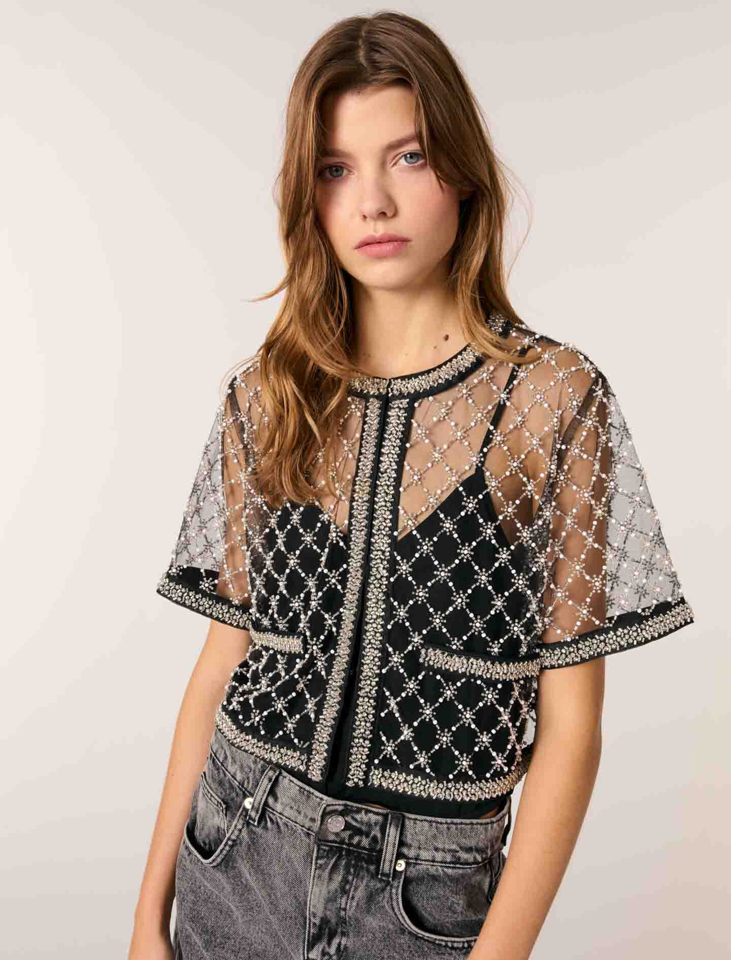 Embroidered tulle top - Short sleeves | Maje