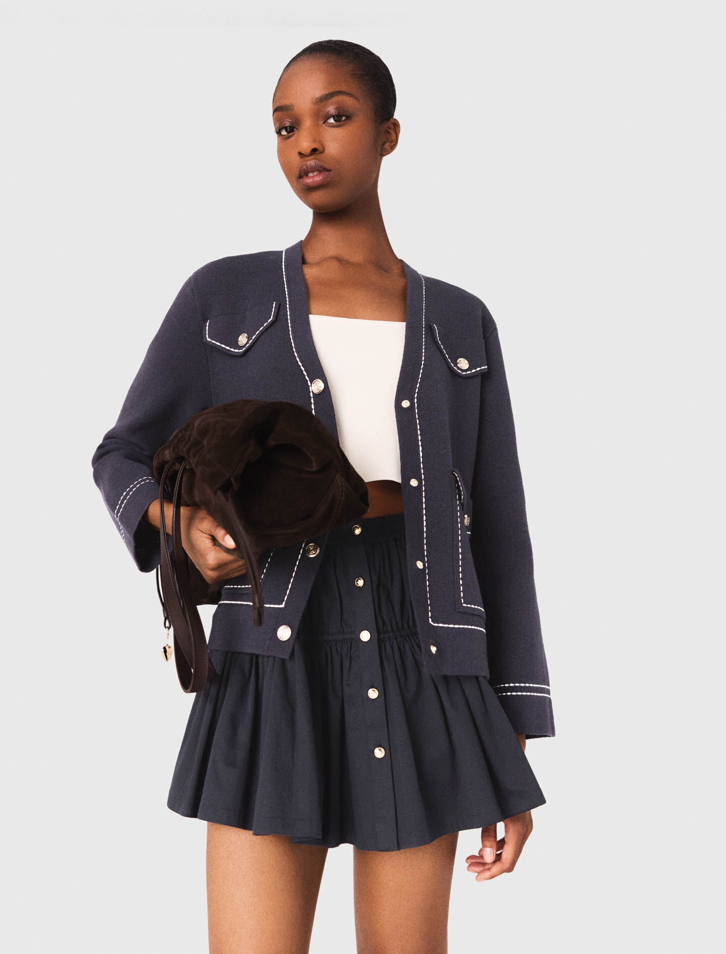 Long topstitched knit cardigan Blue for Women | Maje