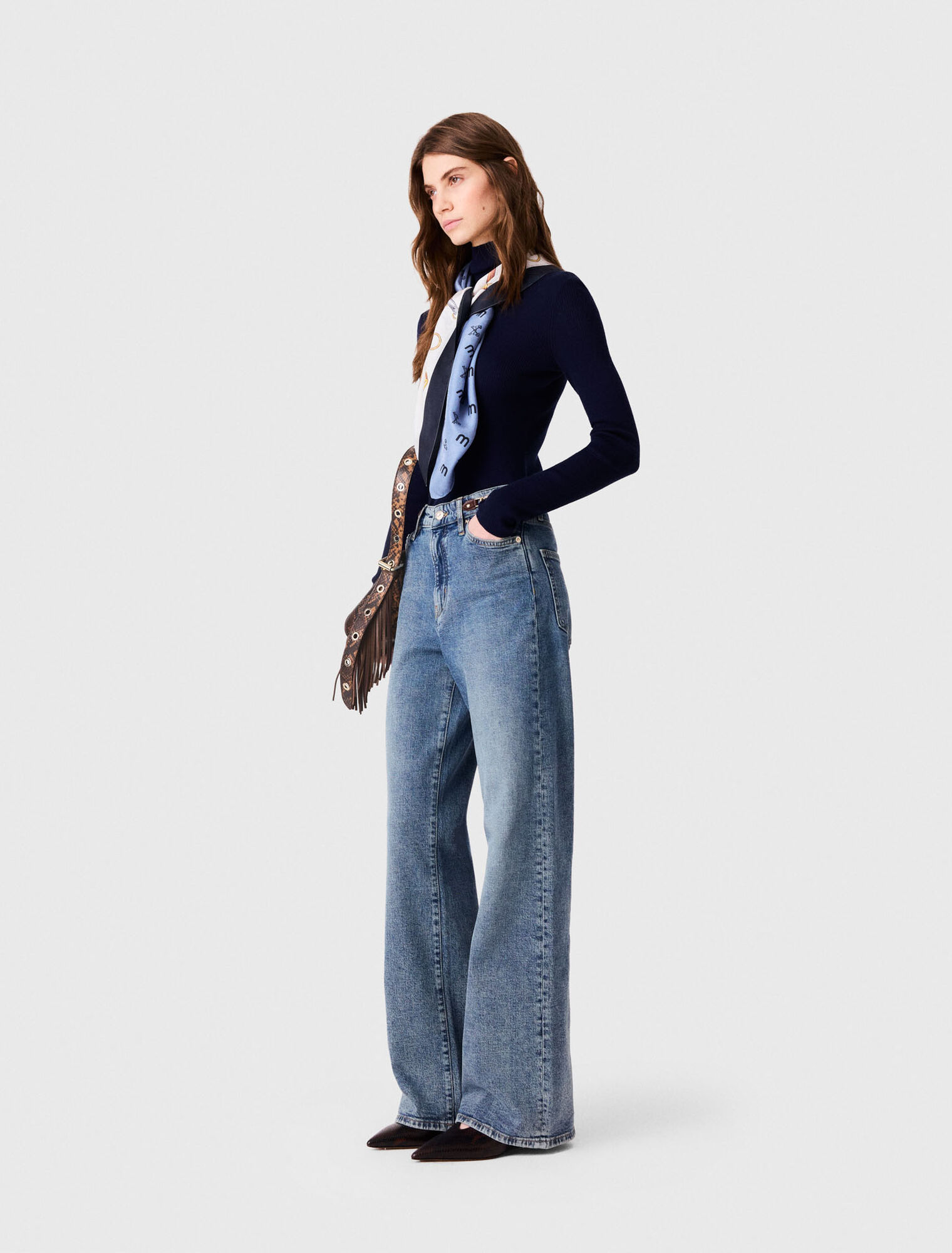 Wide-leg leather buckle jeans