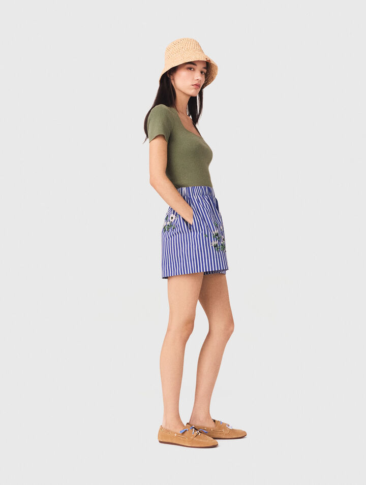 Embroidered striped cotton shorts