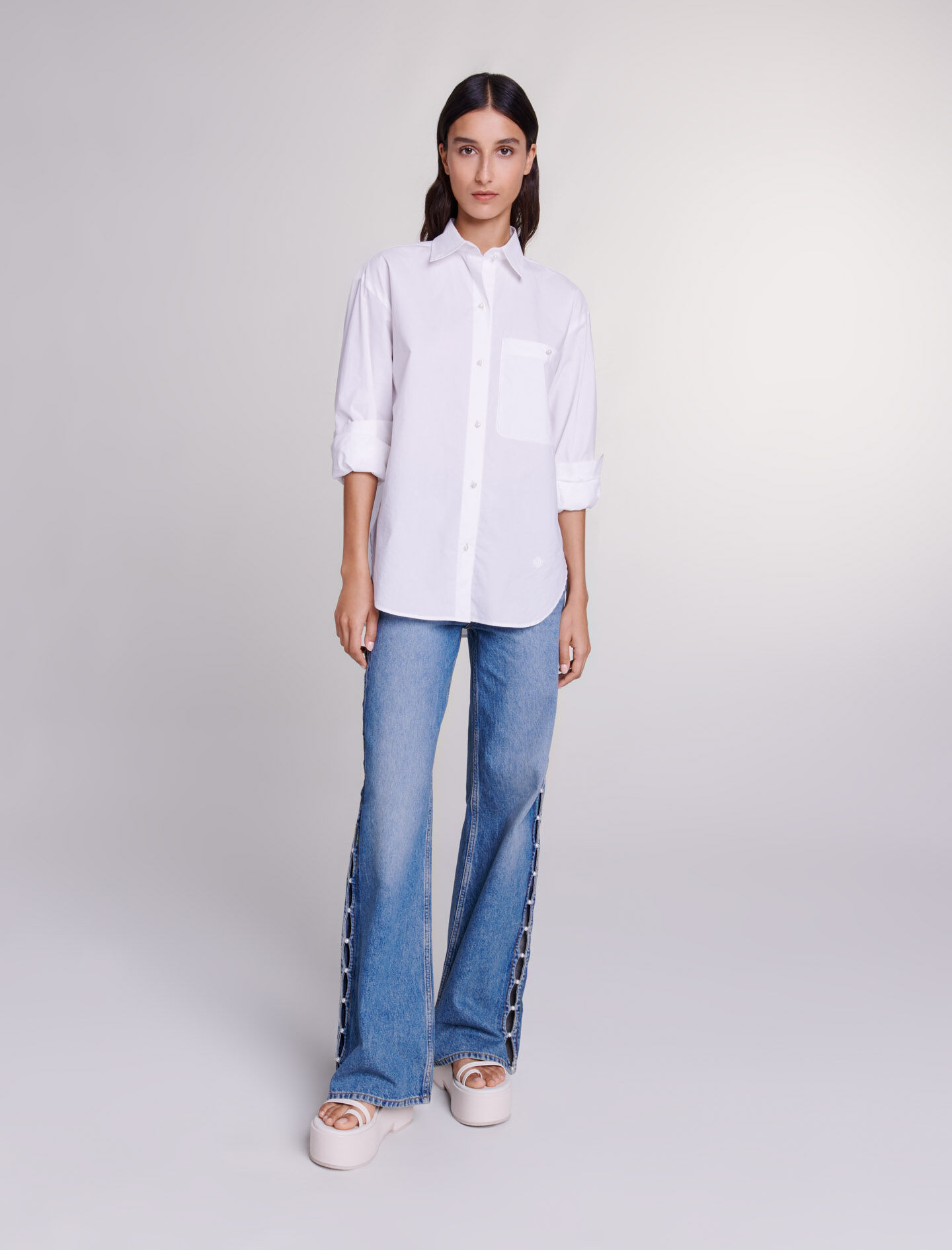 White cotton poplin shirt Short sleeves Maje