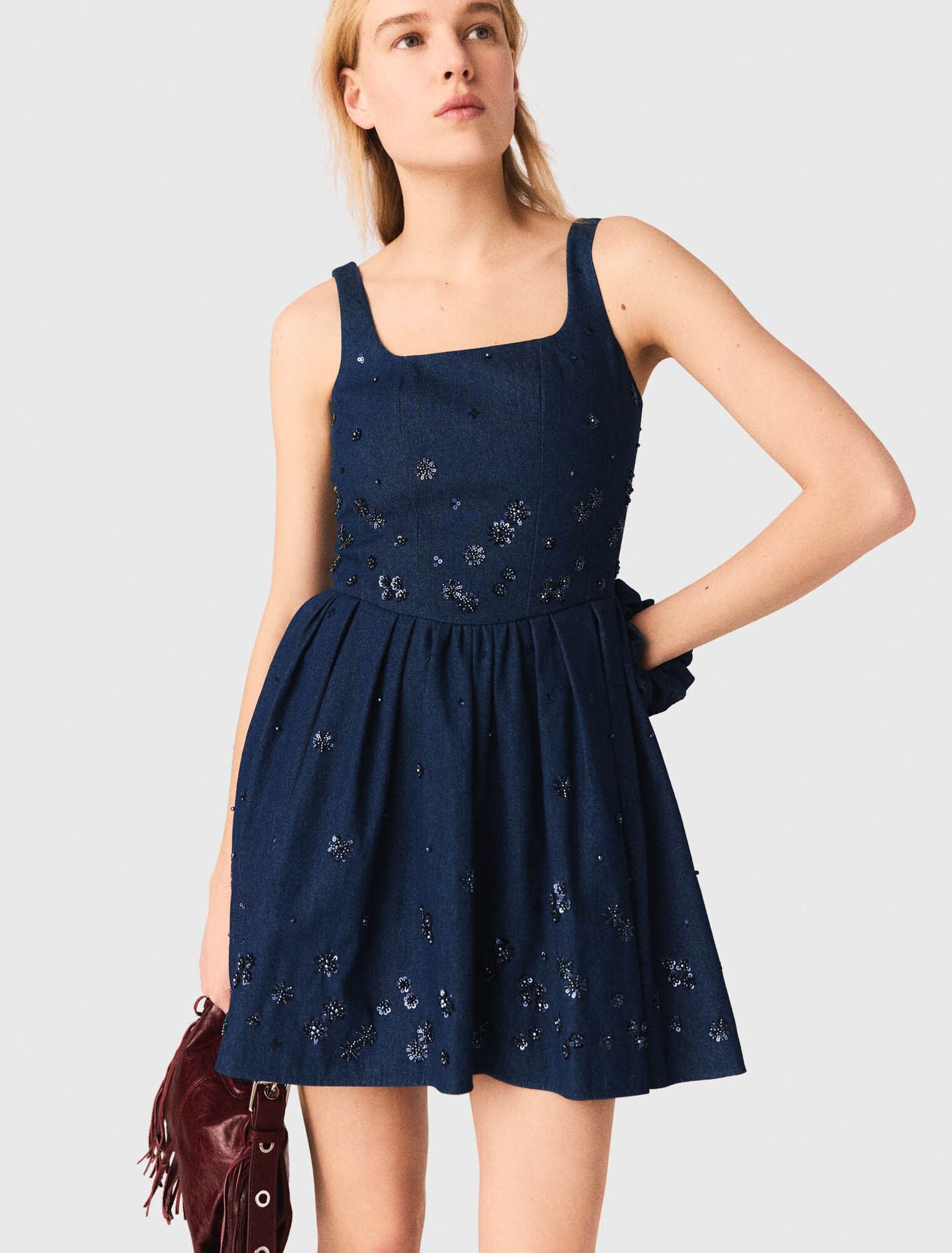 Flared embroidered denim dress