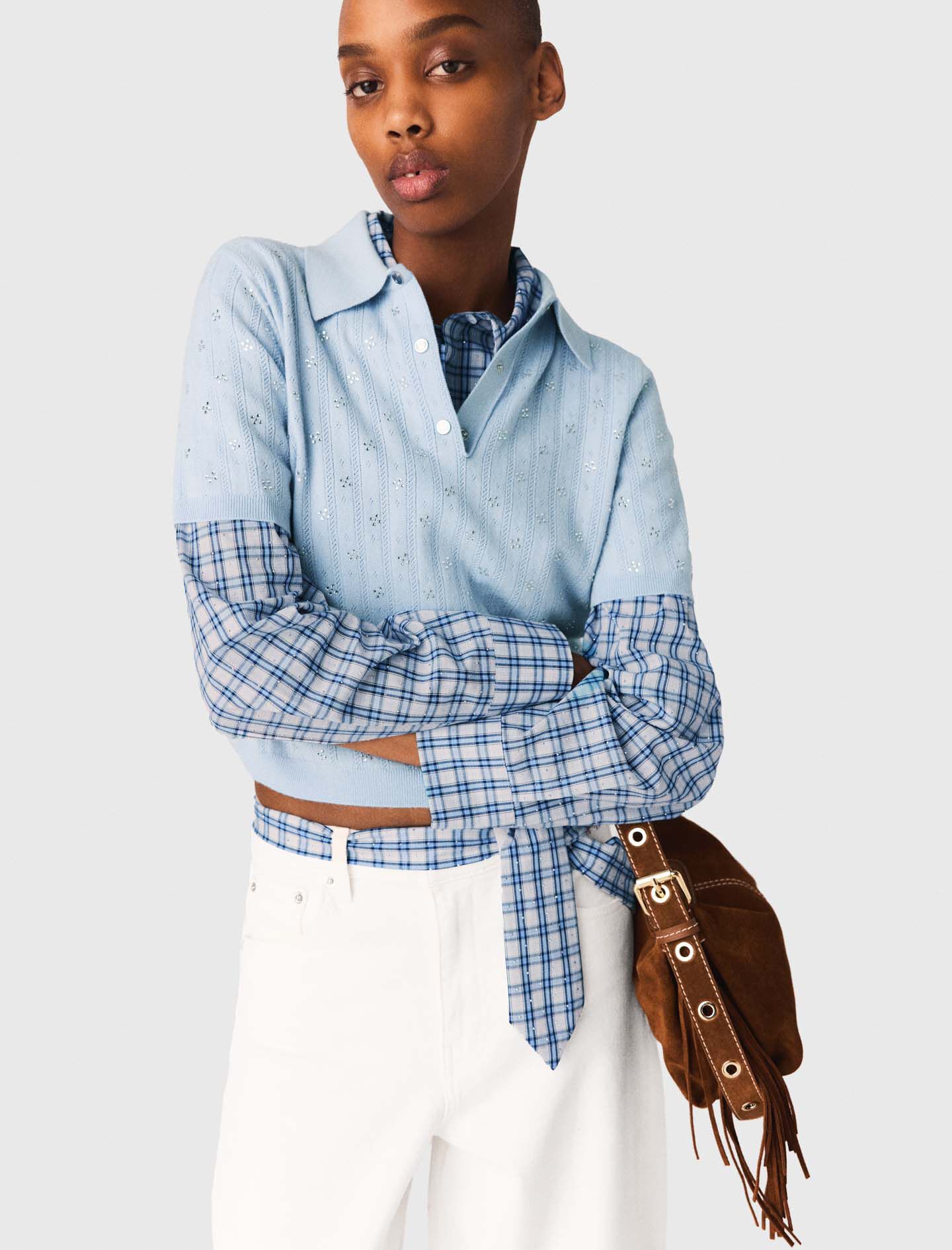 Cropped jumper with rhinestones Blue Sky for Women | Maje