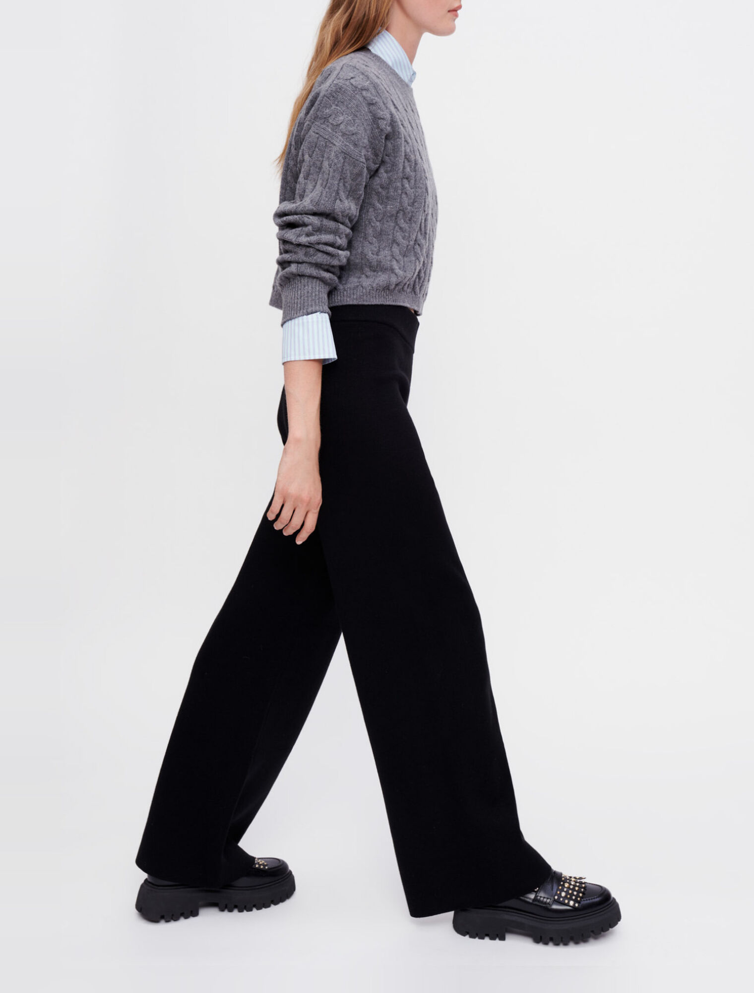 Black wide-leg knitted pants