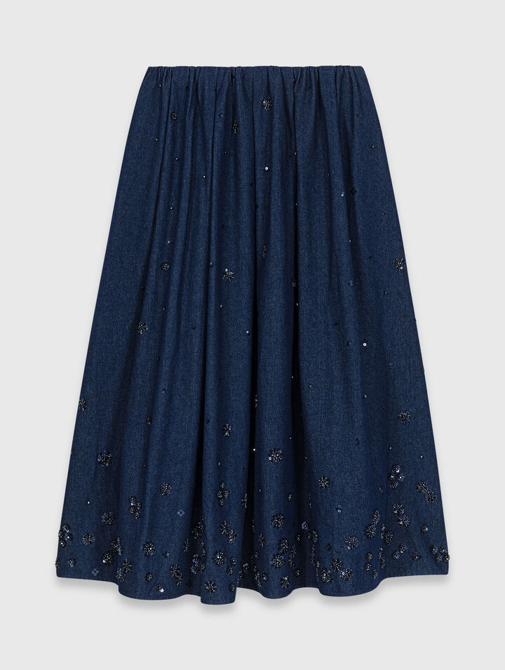 Embroidered denim midi skirt