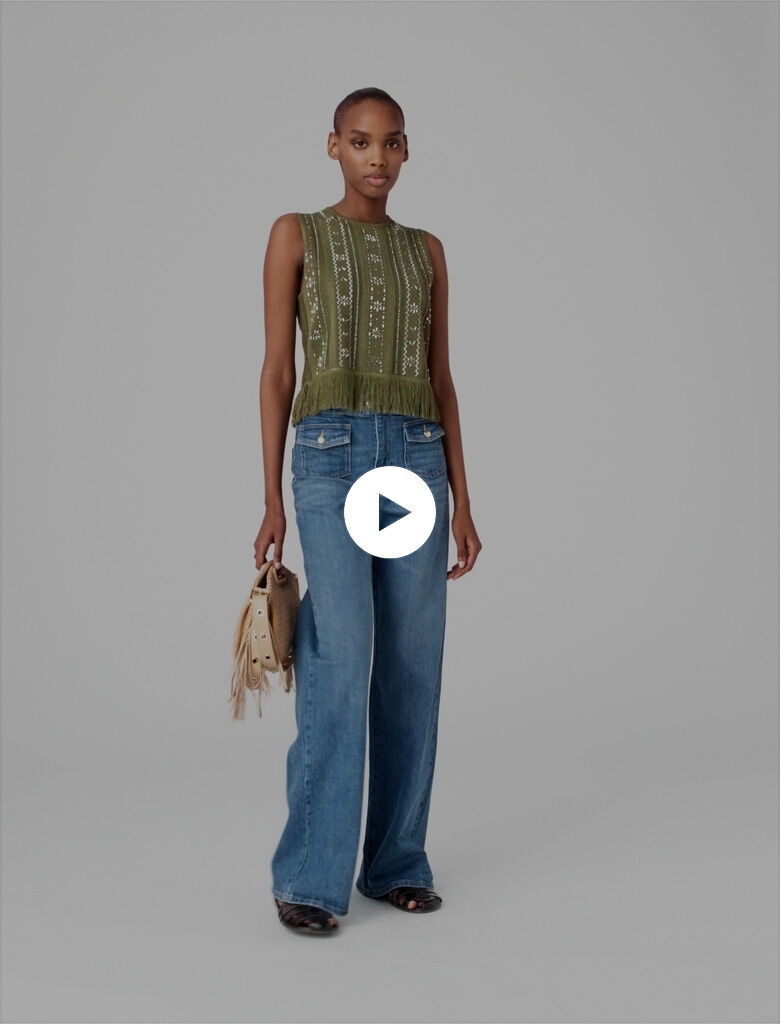 Fringed rhinestone flower top Khaki for Women | Maje