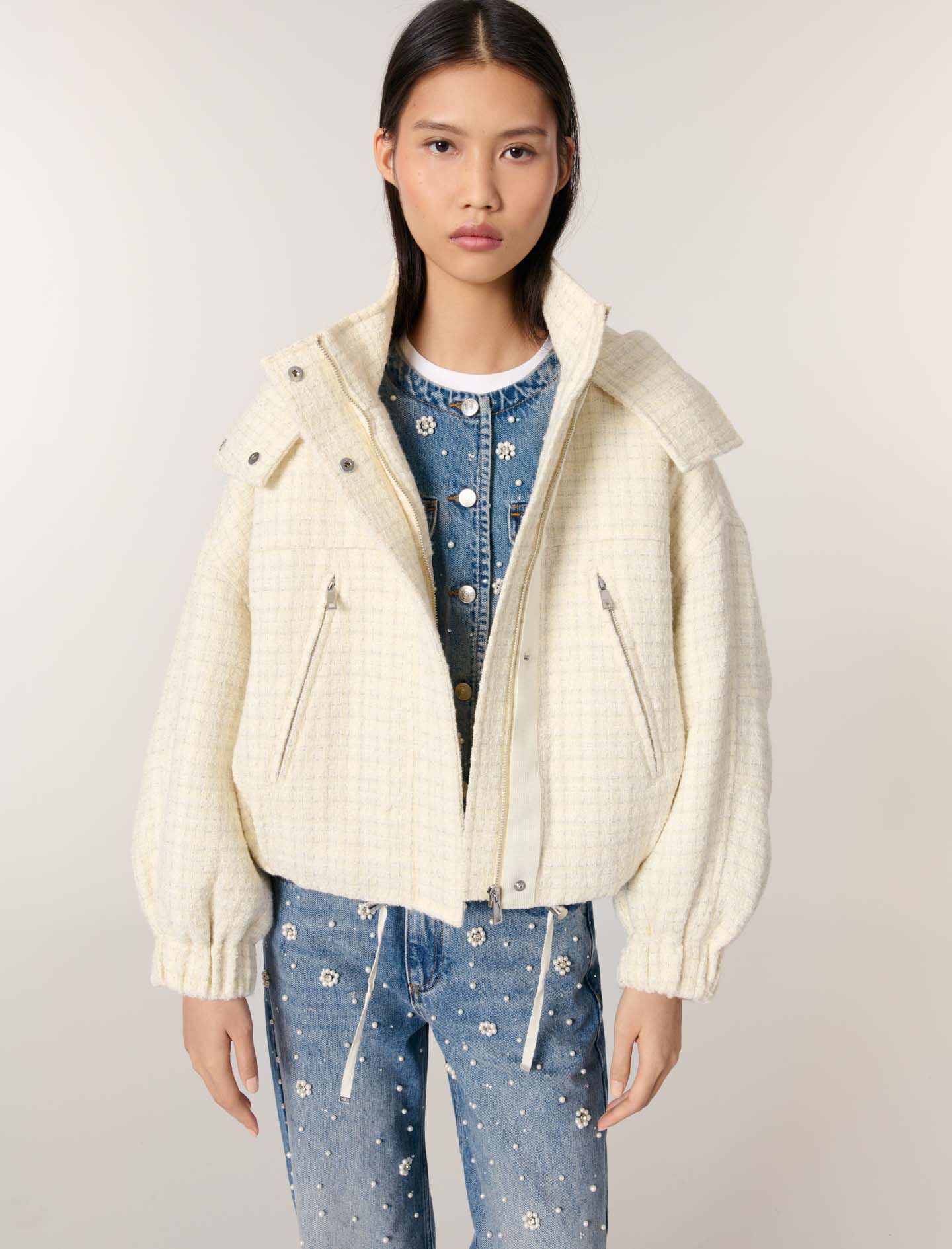 【新品】Tweed down coat Tweed down jacket White for Women | Maje