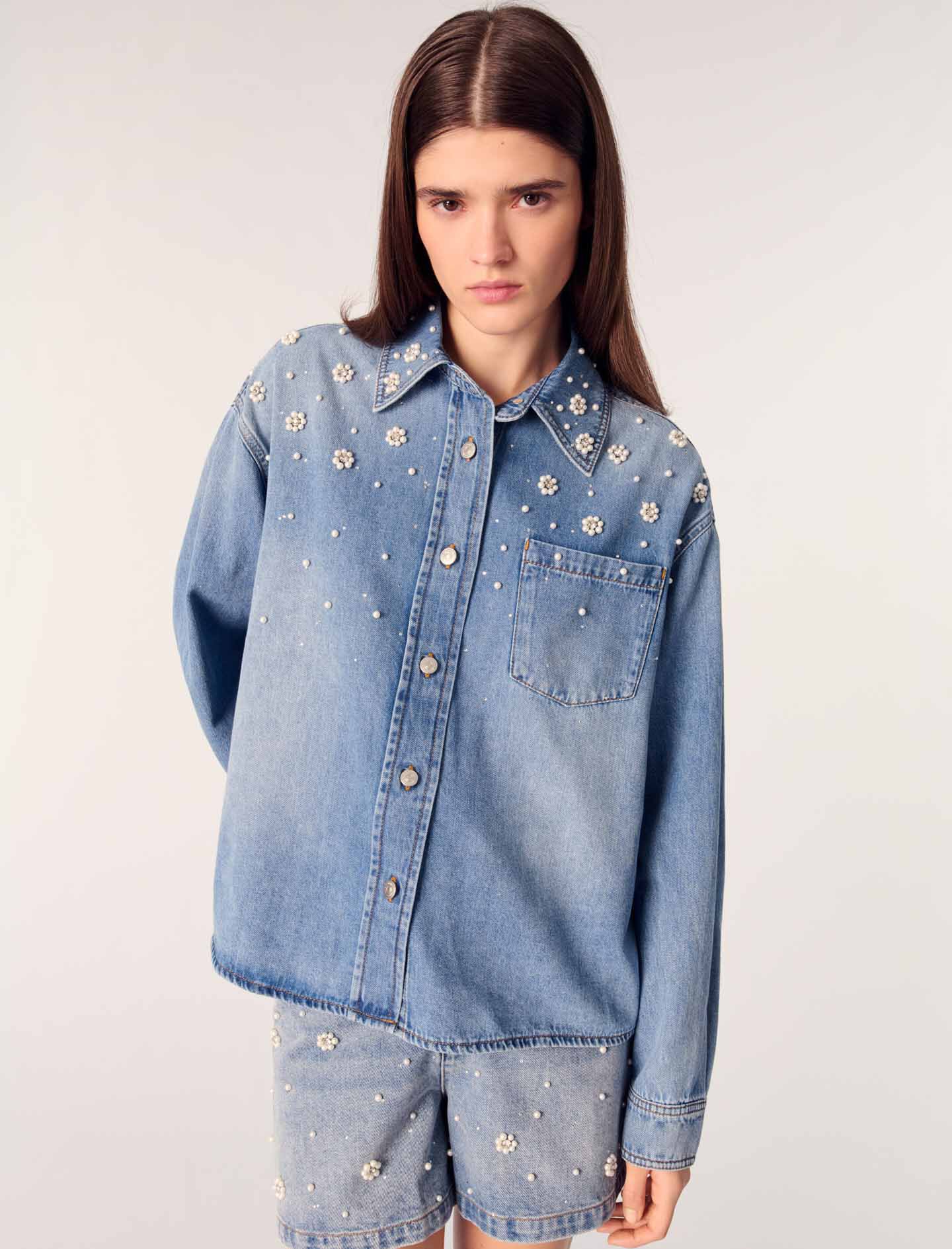 競売 Denim Maje | sleeves Short - beads embroidered with shirt トップス