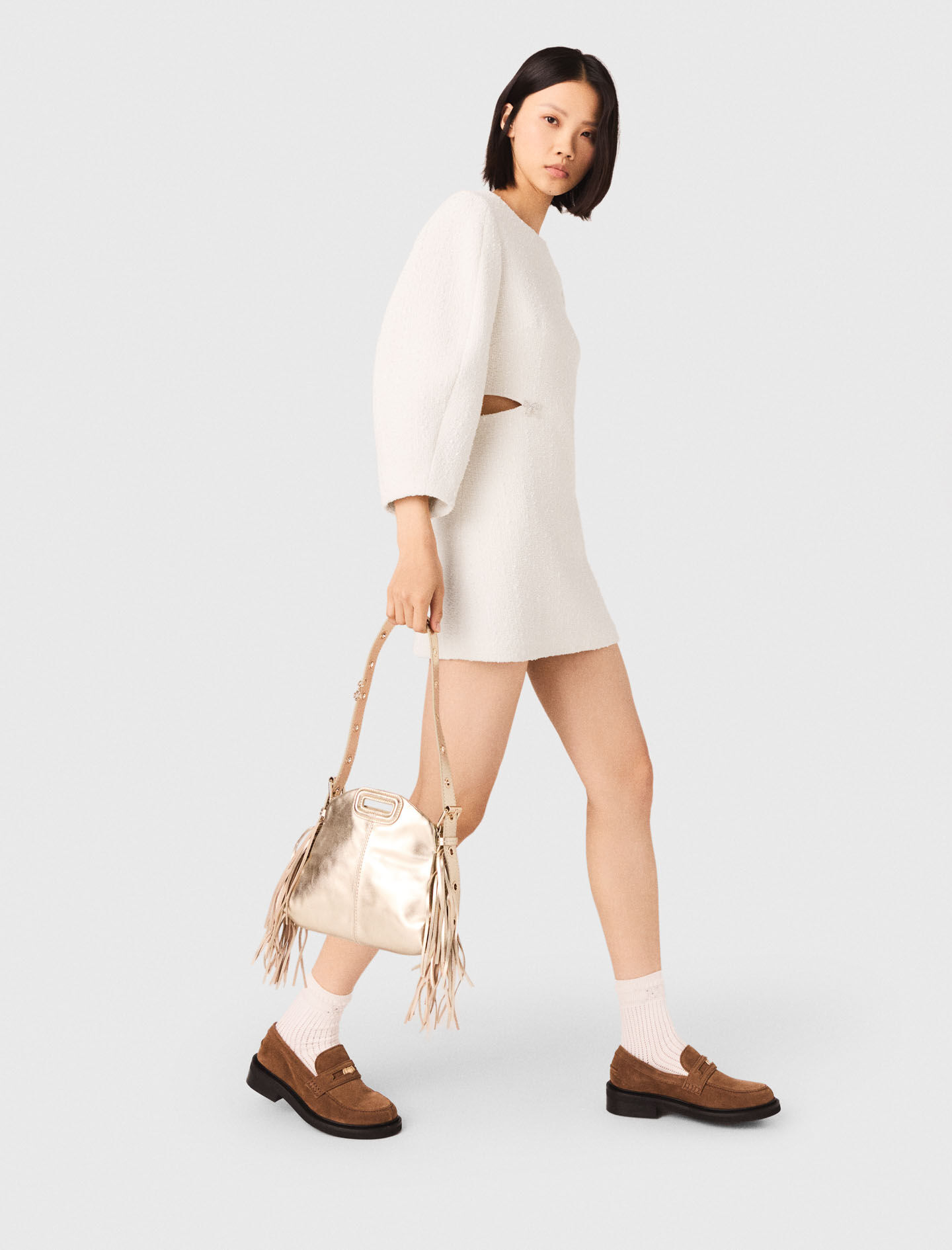 Short balloon-sleeve tweed dress Ecru for Women | Maje