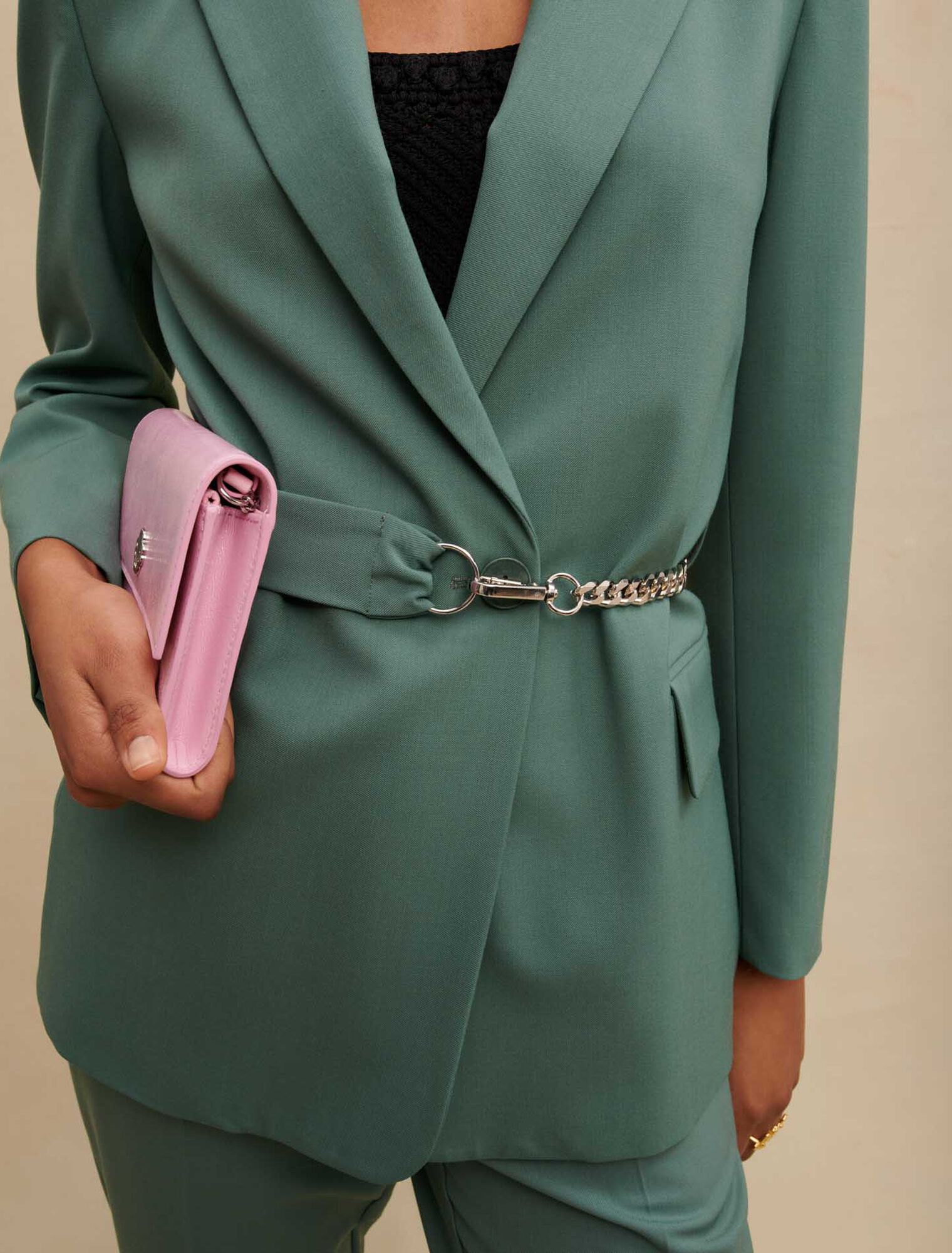 Tailored jacket with chain belt