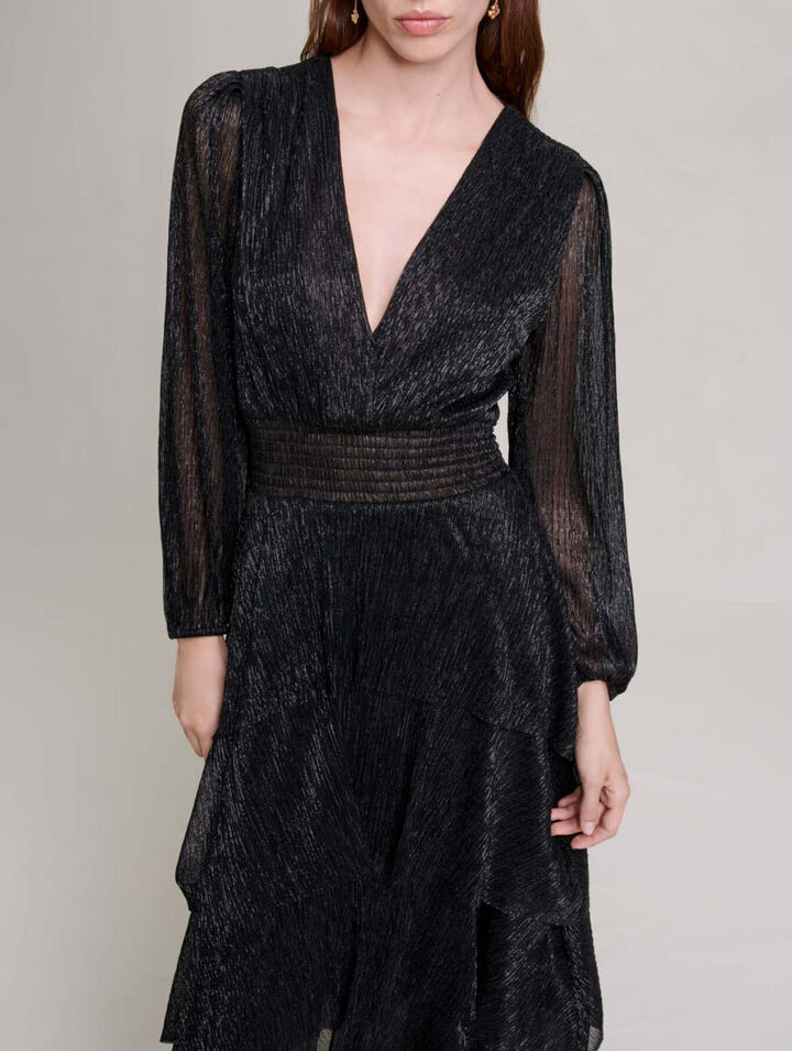 Pleated stretch lam&eacute; dress with ruffles