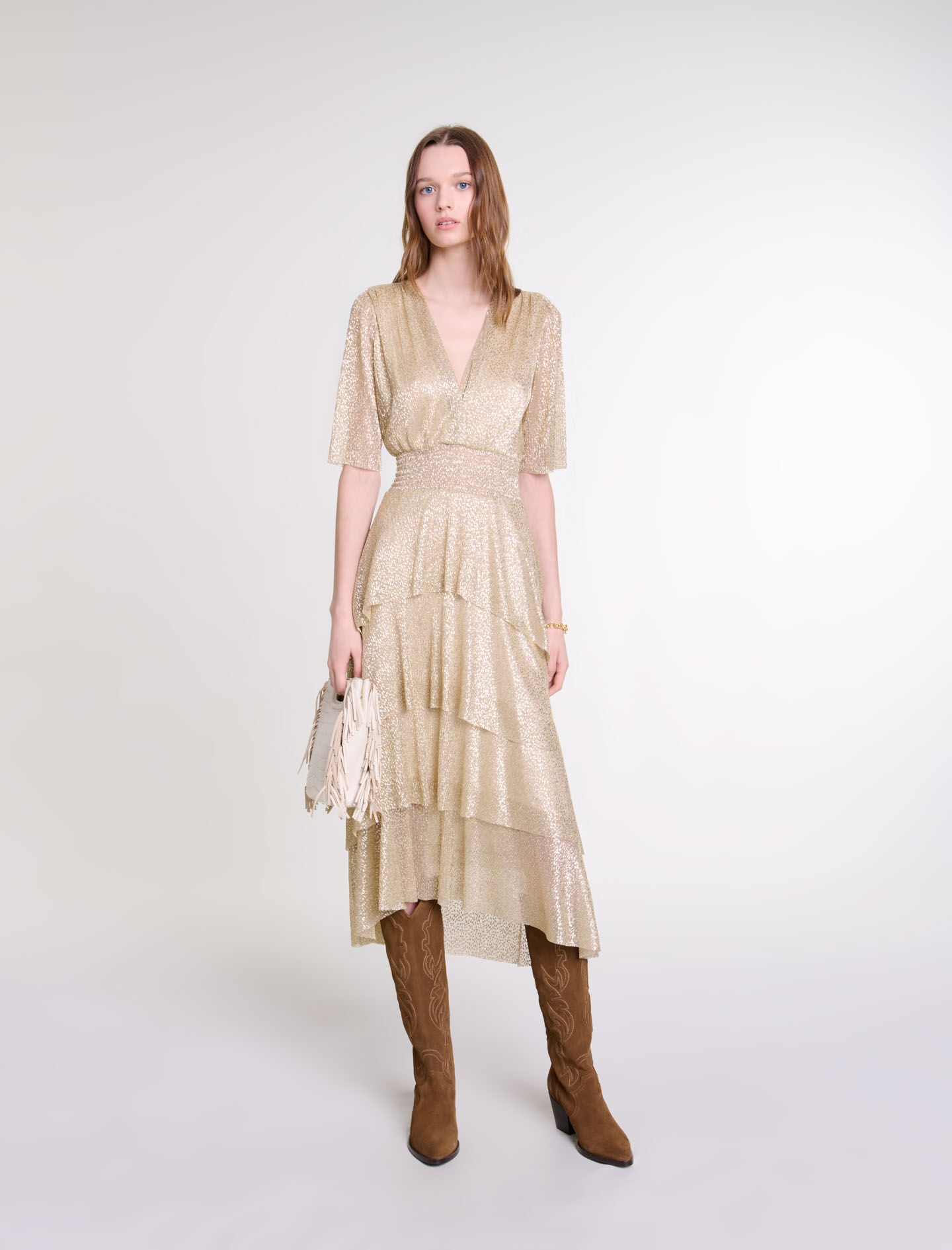 Shimmer dress with ruffles Maxi dresses Maje