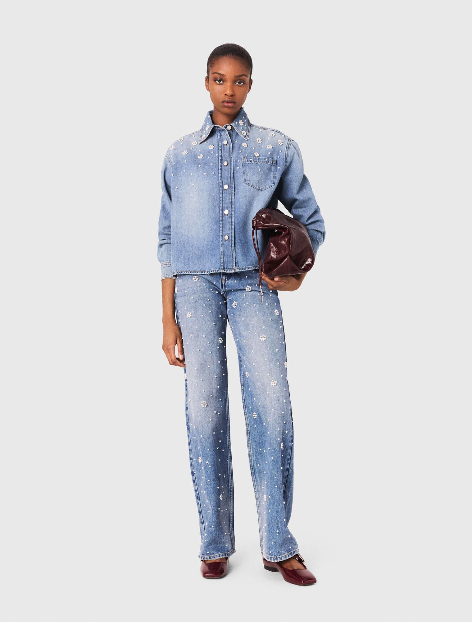 Denim shirt with embroidered beads