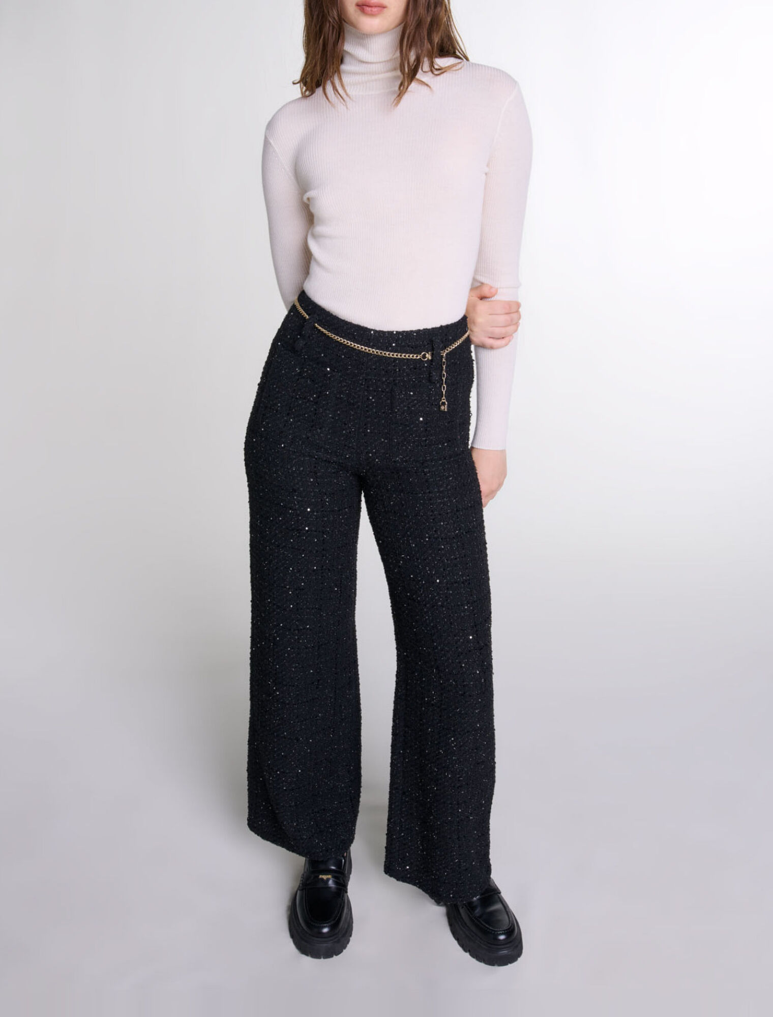 Sequinned tweed trousers