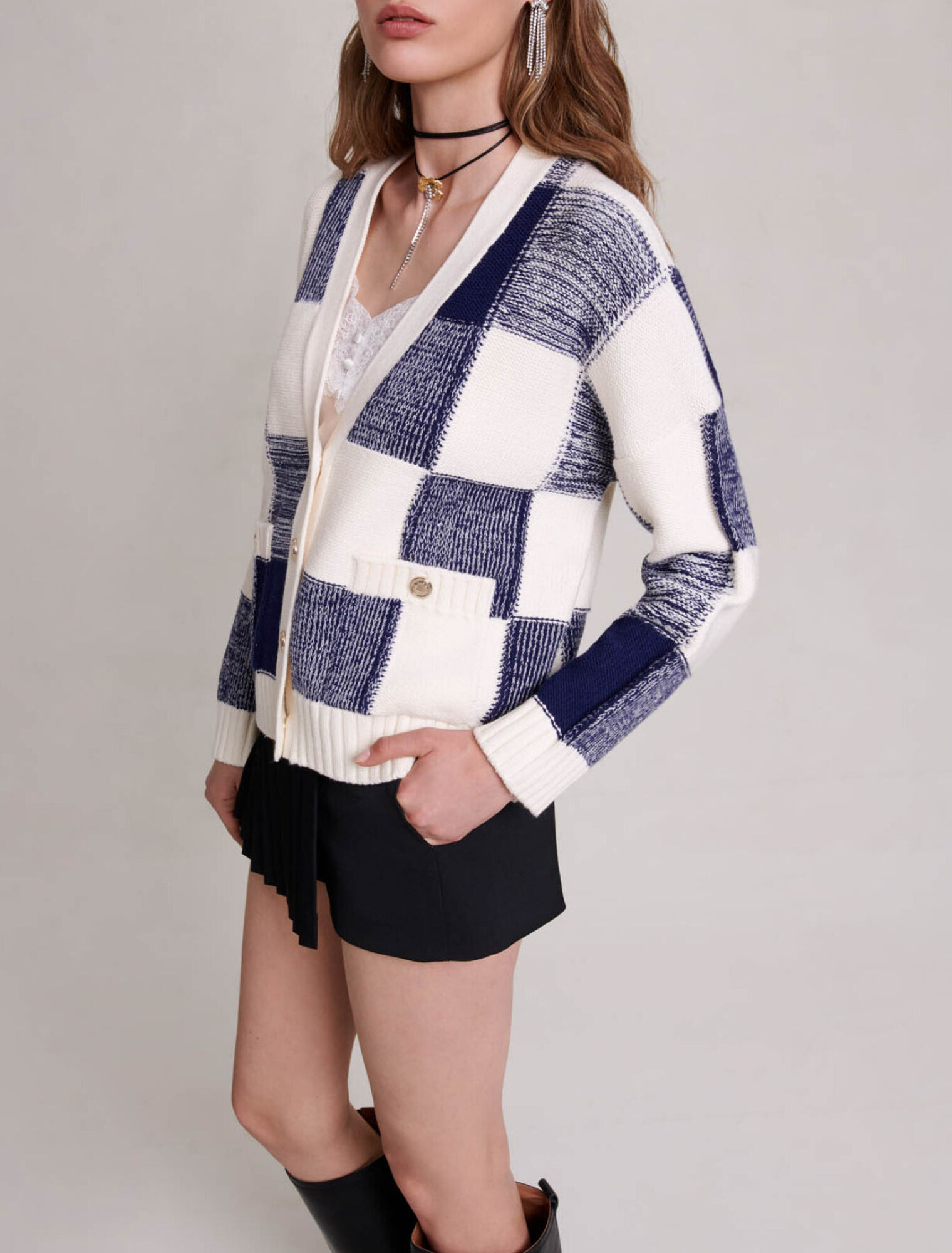 Checked knit cardigan