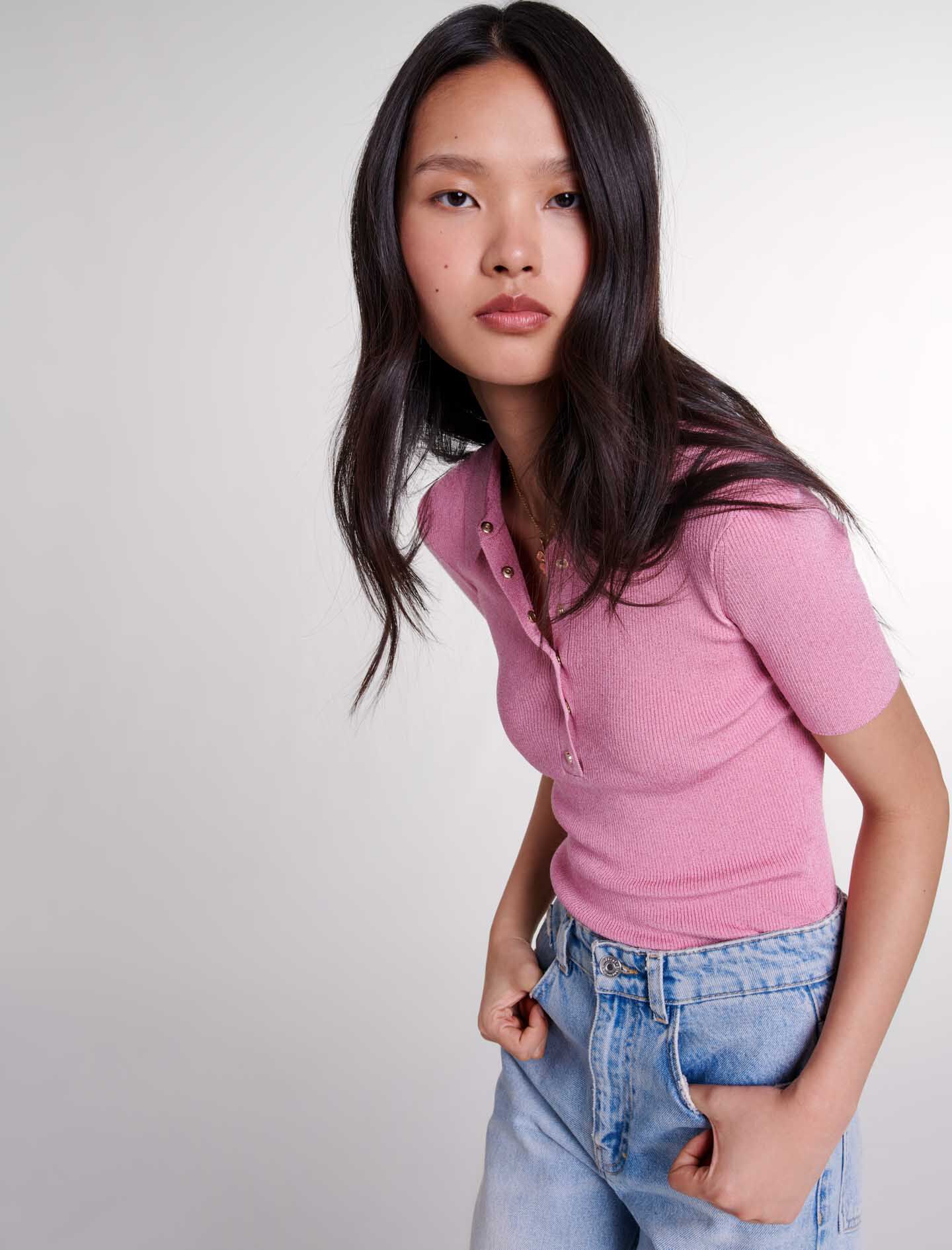 Sparkly knit polo shirt Pink for Women | Maje