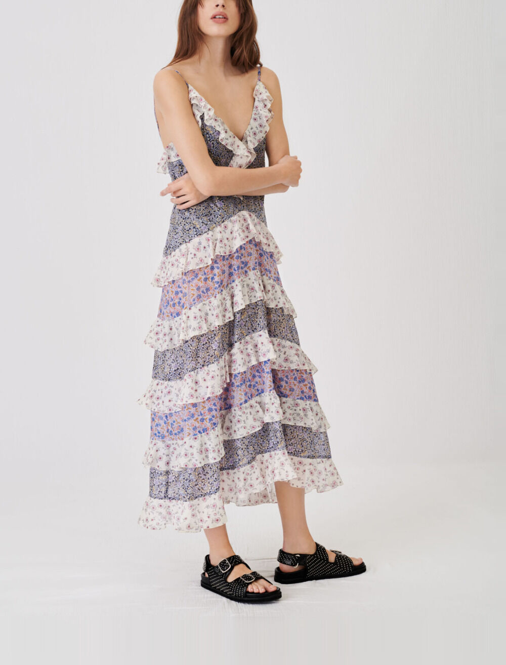 Maje floral maxi dress with ruffles deals