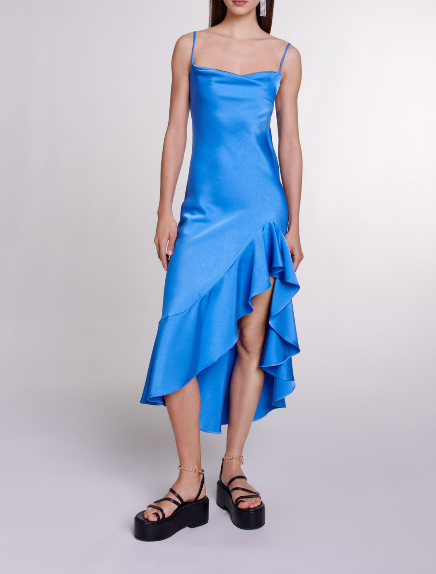 Asymmetric satin-effect maxi dress