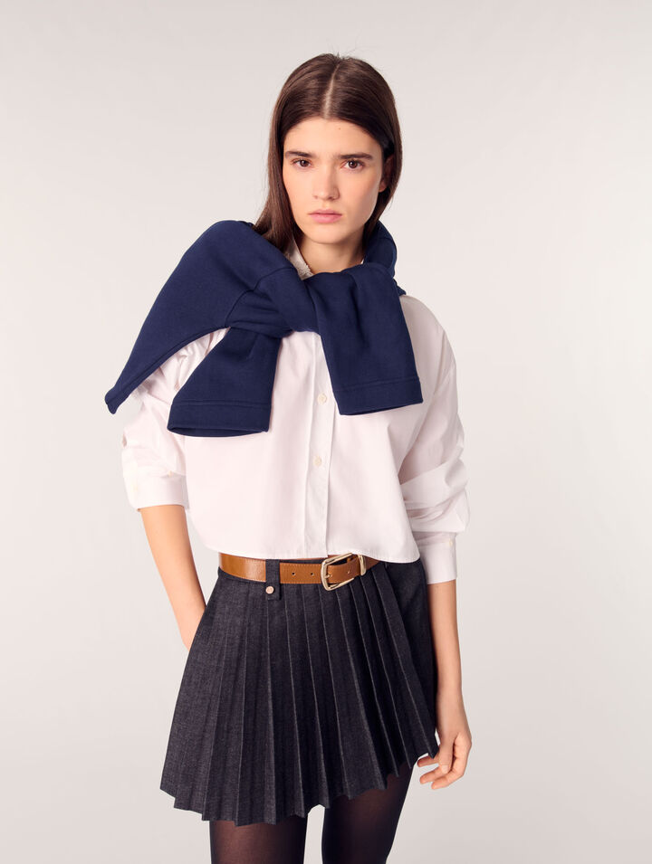 Layered-effect pleated denim shorts