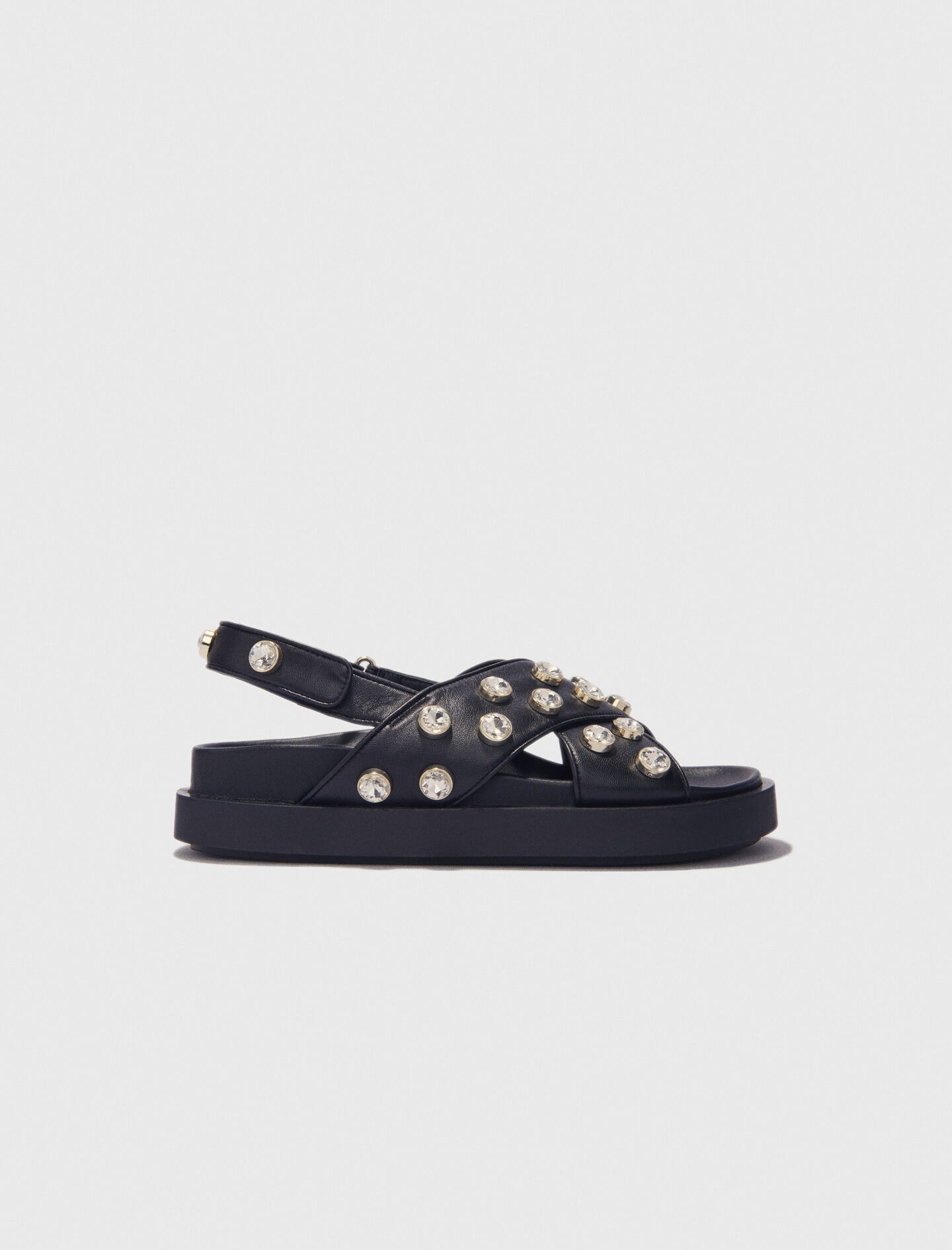 MAJE [マージ] Jewel Leather Strap Sandals Flat leather and rhinestone sandals Black / Gray for Women