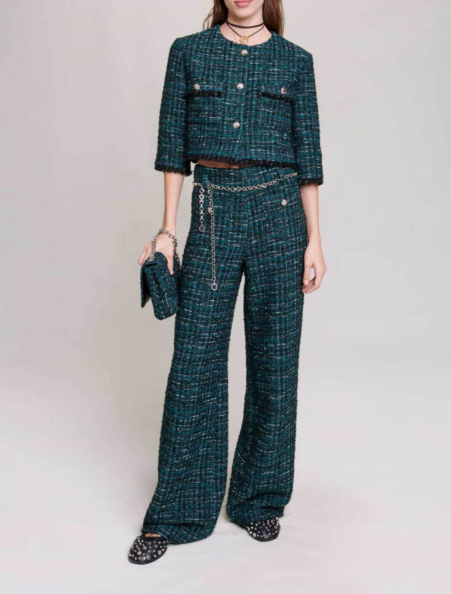 Wide-leg tweed trousers