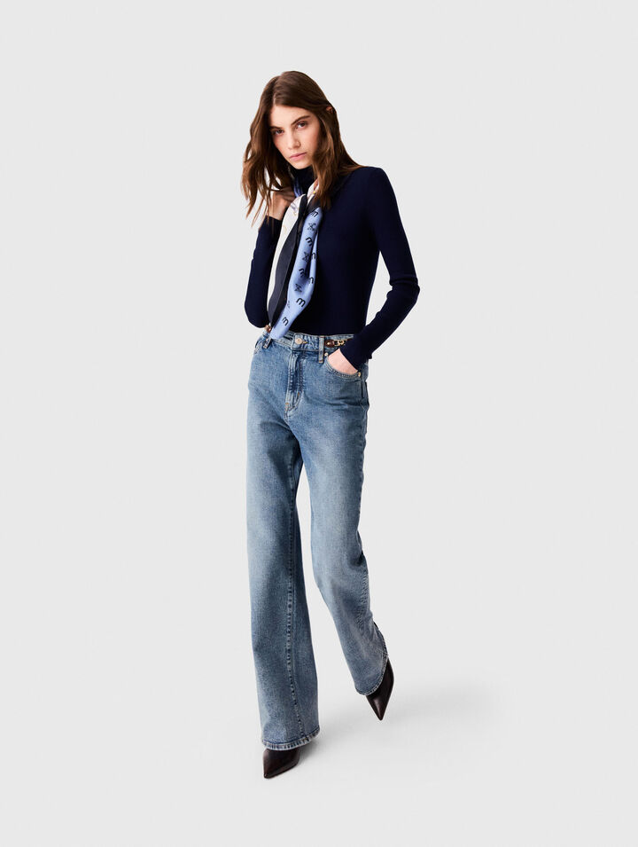 Wide-leg leather buckle jeans