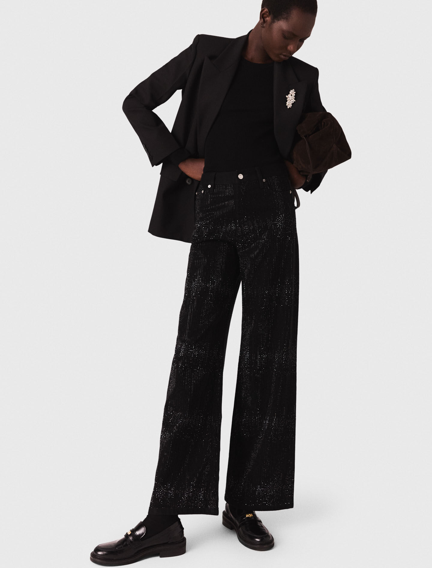 Wide-leg rhinestone jeans Black / Gray for Women | Maje