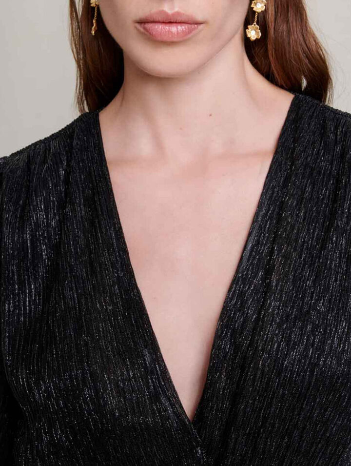 Pleated stretch lam&eacute; dress with ruffles