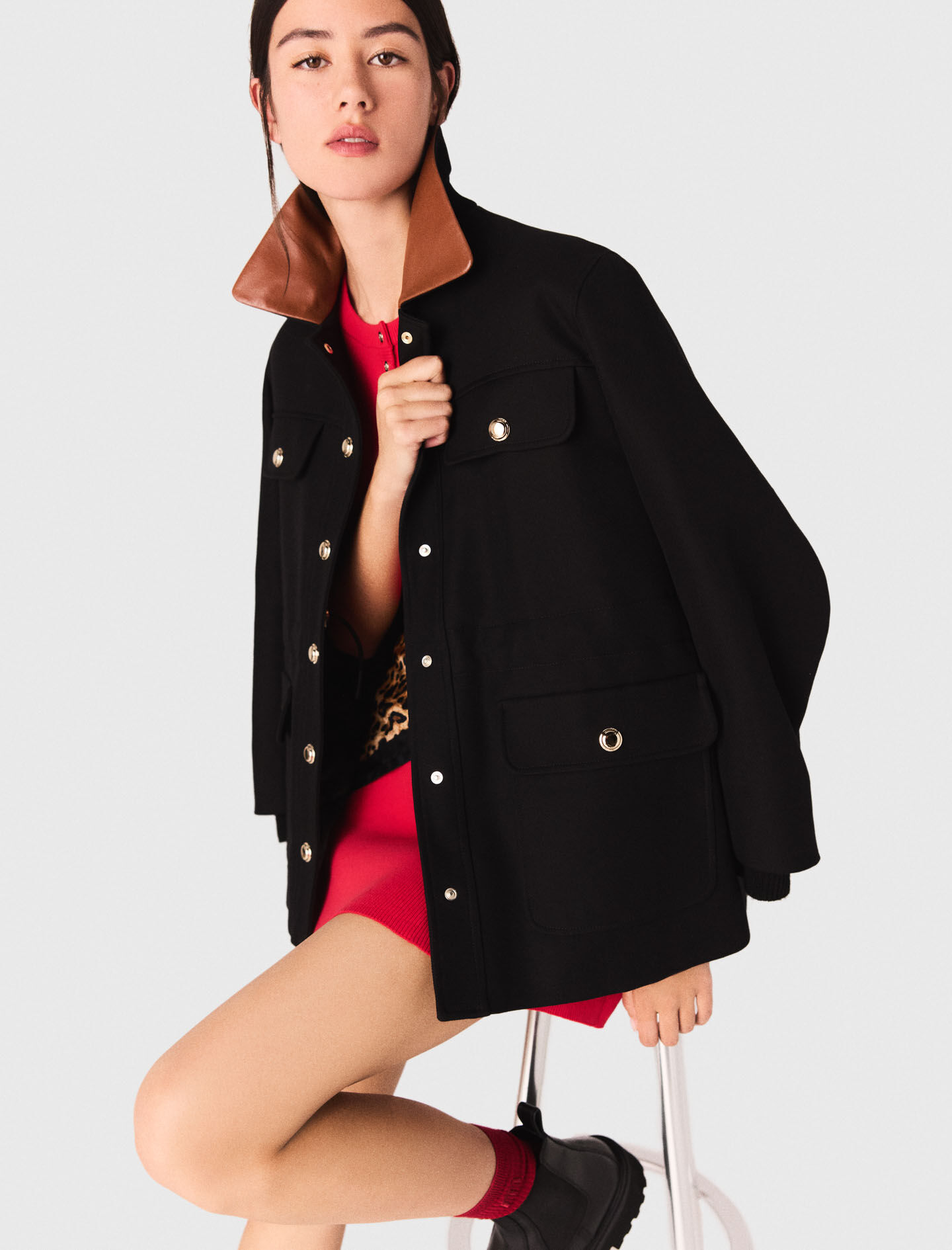 Parka with leather collar Black / Gray for Women | Maje