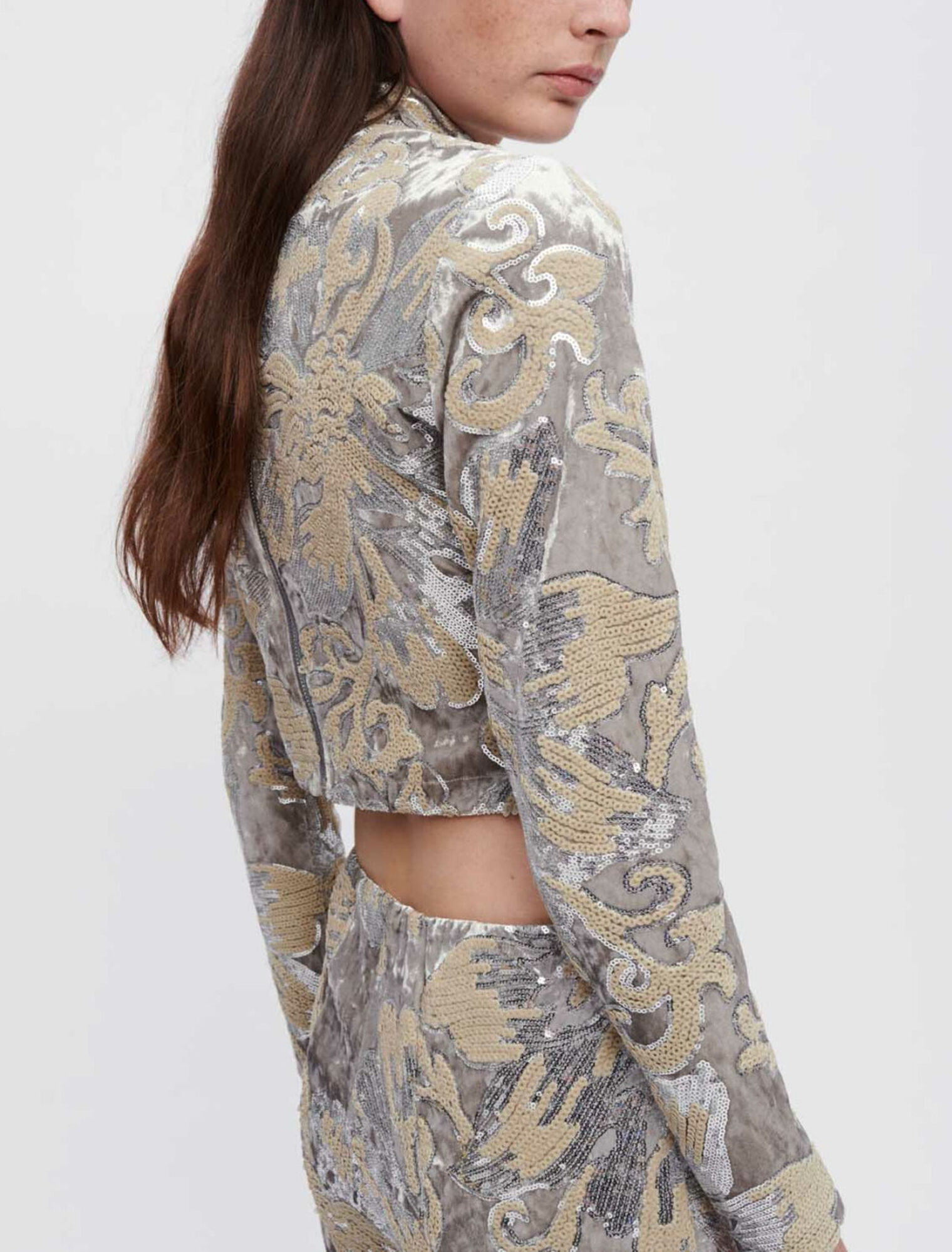 Sequin-embroidered velvet crop top