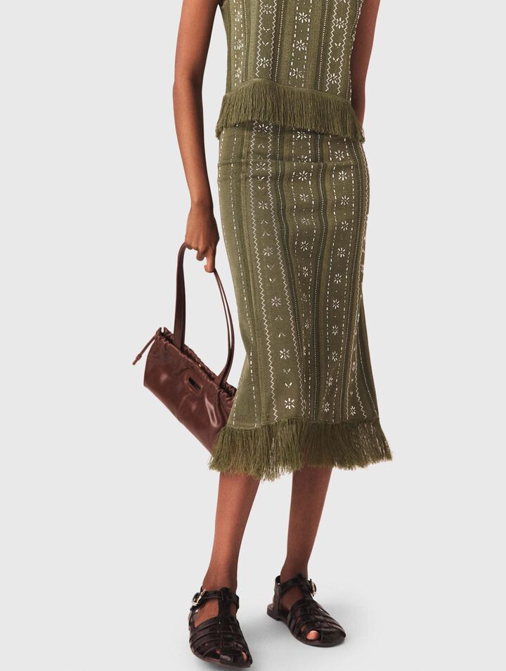 Knit skirt with rhinestone flowers