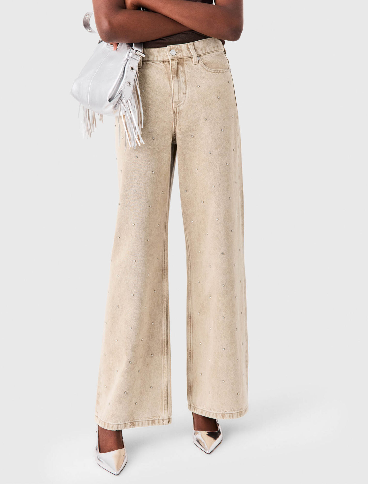 Wide-leg rhinestone jeans